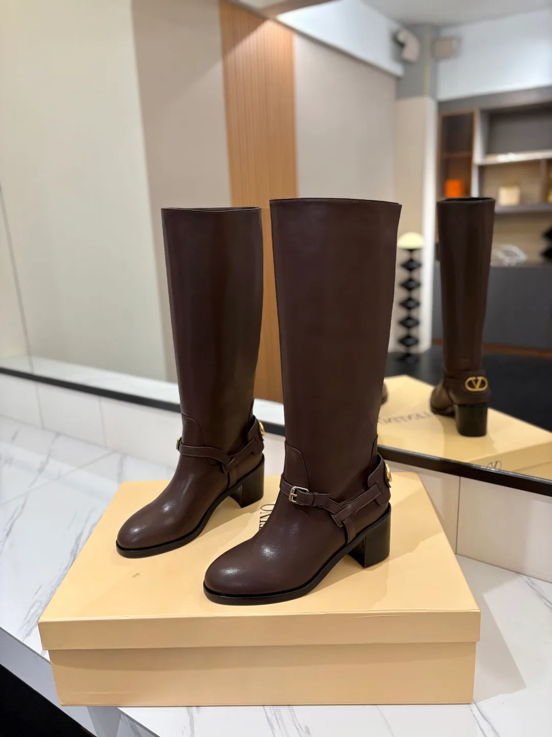 Valentino Calfskin VLOGO Knee-High Boots in Brown · view 2