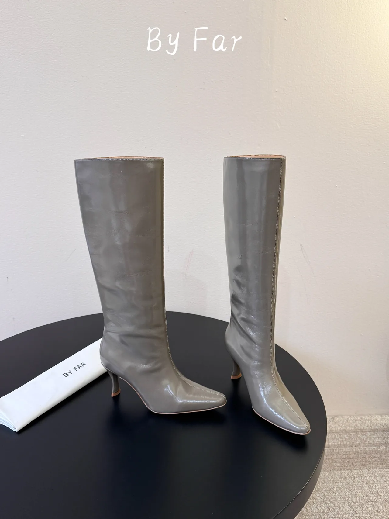 By Far Glossy Pointed-Toe Knee-High Boots in Grey · view 4