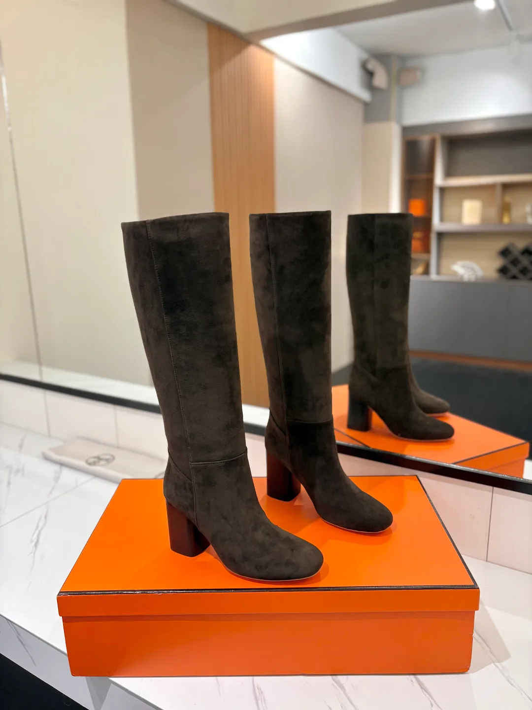 Hermes Cowhide Knee-High Boots in Brown · view 1