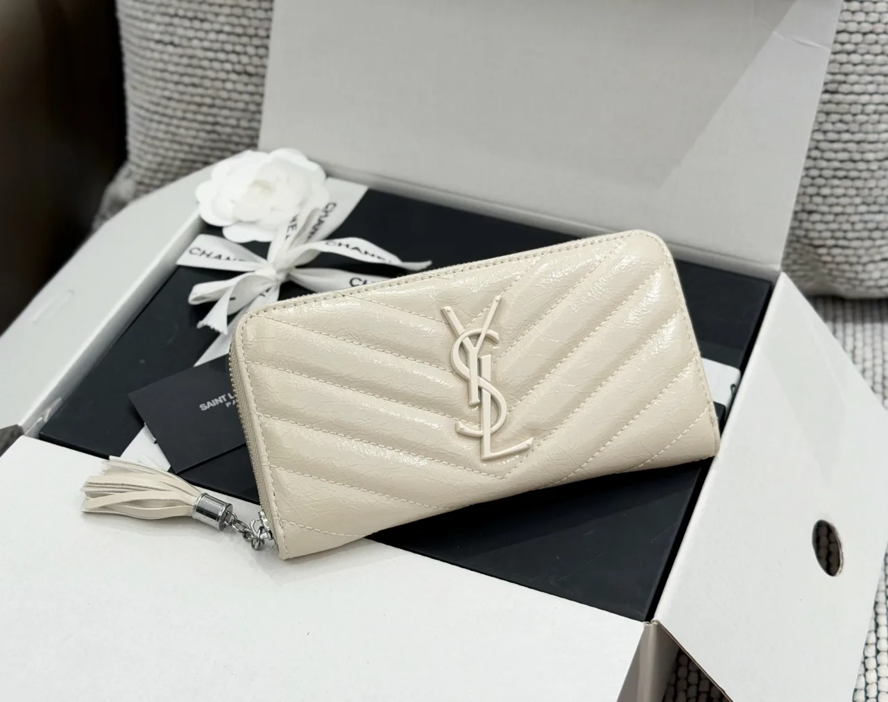 Saint Laurent Long Wallet in Beige & Black & Brown · view 1