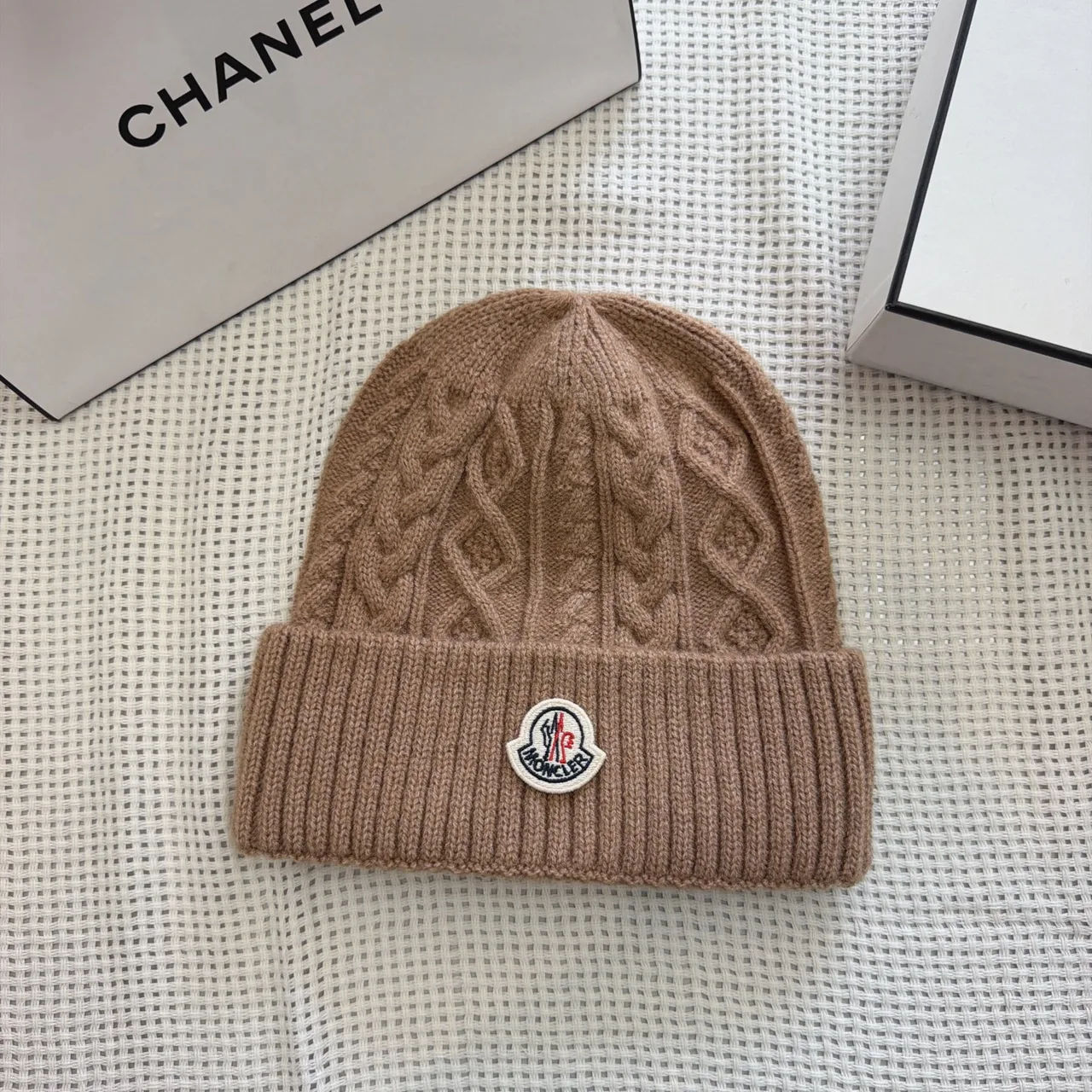 Moncler Cable-knit logo beanie in Burgundy & Black & White & Cream & Grey & Tan · view 7