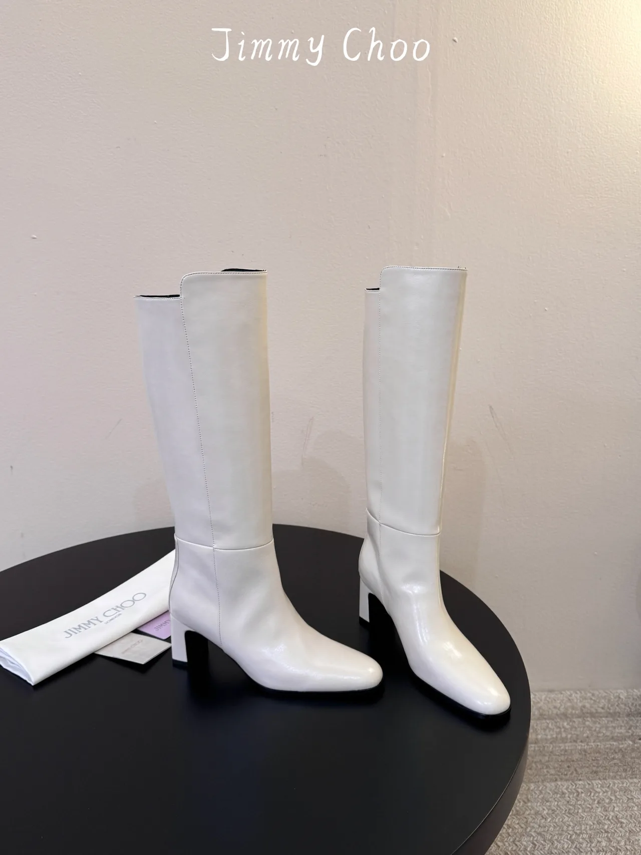 Jimmy Choo Cowhide Glossy Square-Toe Knee-High Boots in White · view 4