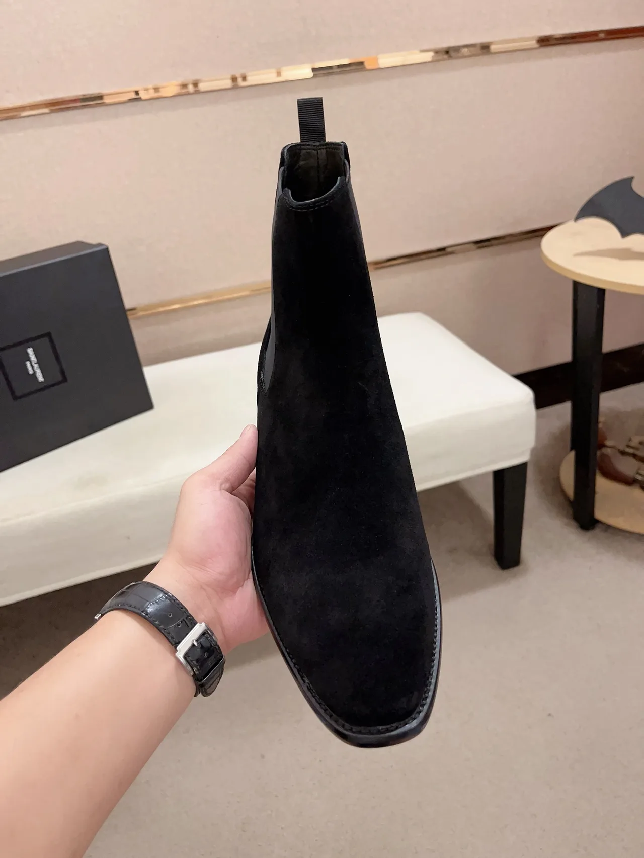 Saint Laurent Cowhide Suede-Look Pointed-Toe Chelsea Boots in Black · view 4