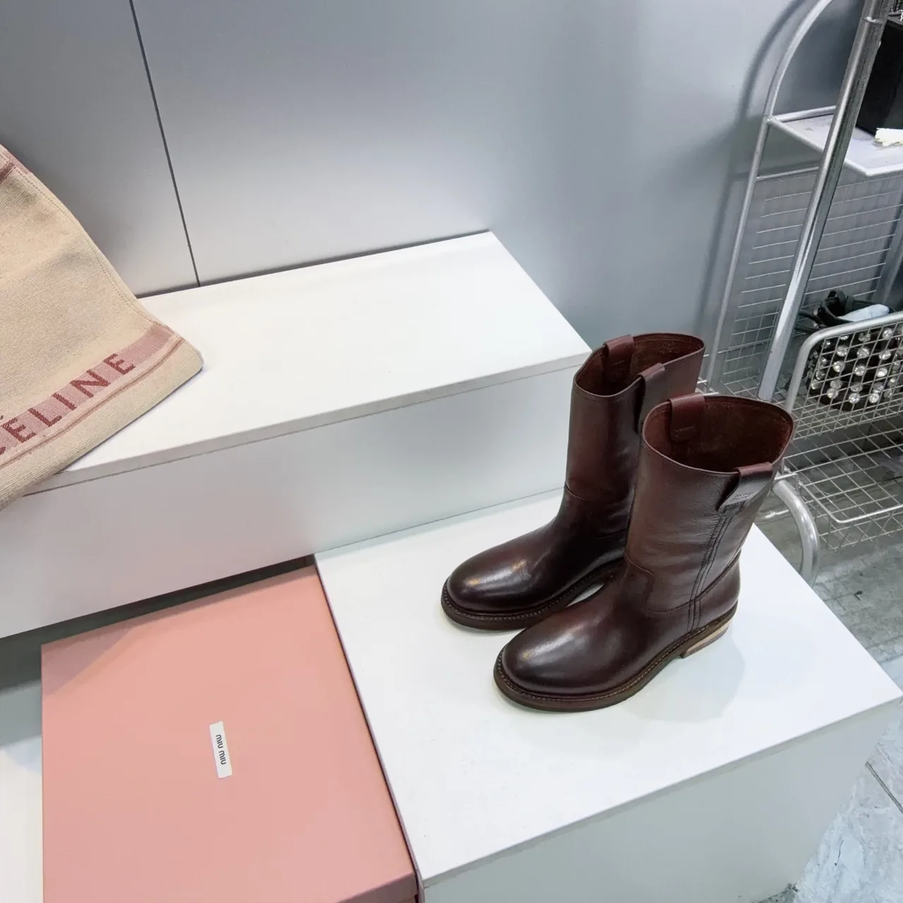 Miu Miu Cowhide Smooth Round-Toe Pull-On Boots in Brown · view 3