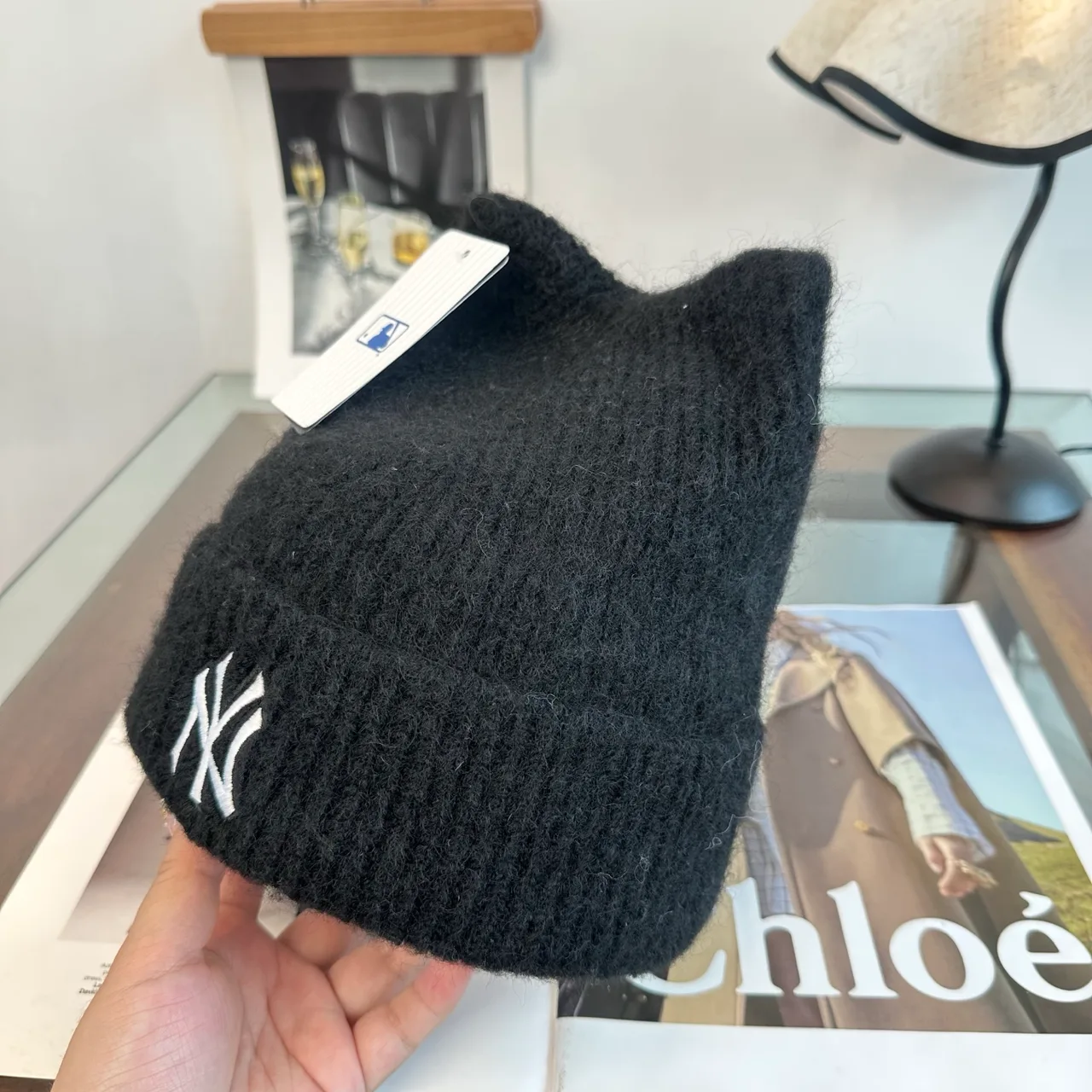 NY Letter Fuzzy Knit Beanie in Black · view 2