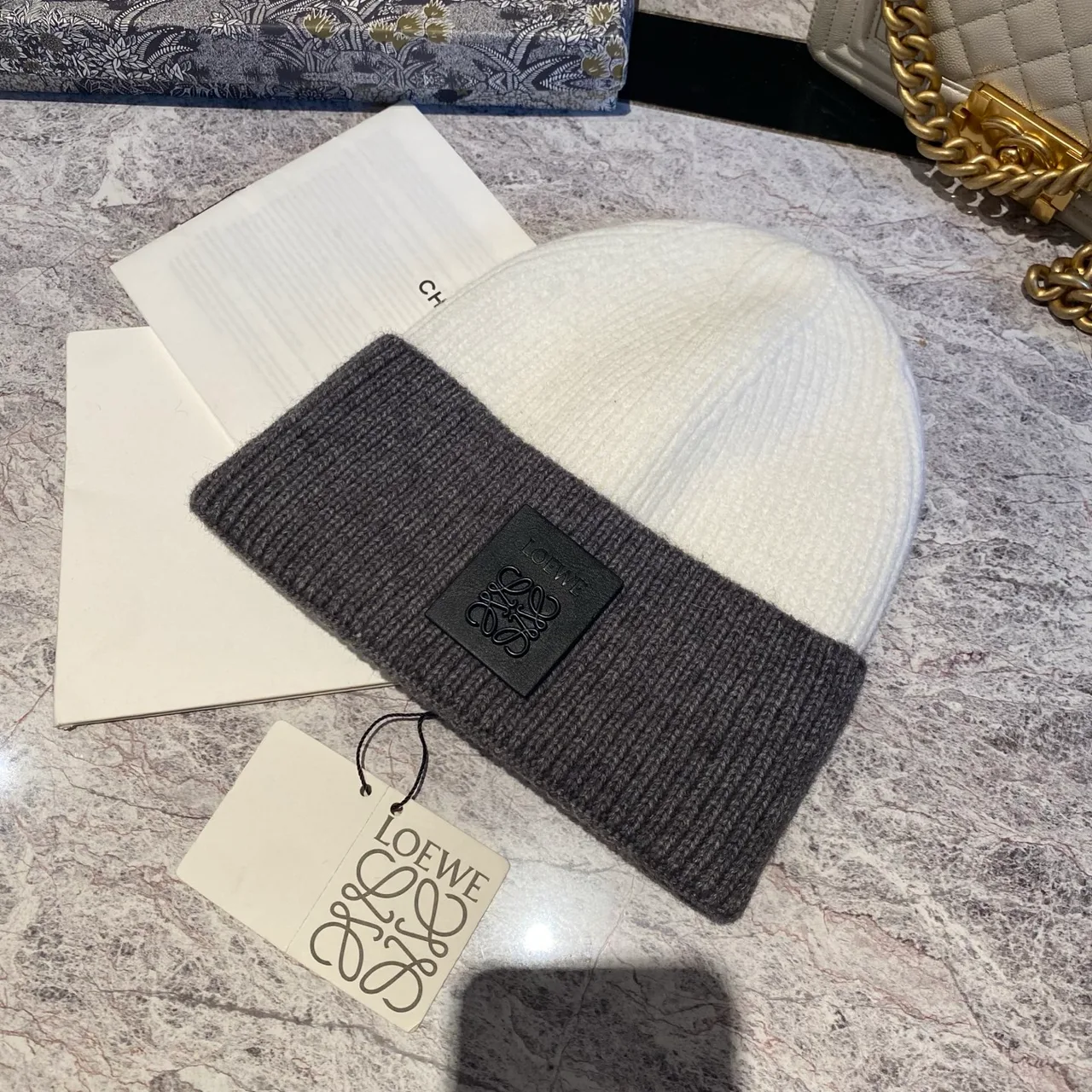 Loewe Colorblock logo-patch knit beanie in Black & Cream & Tan · view 3