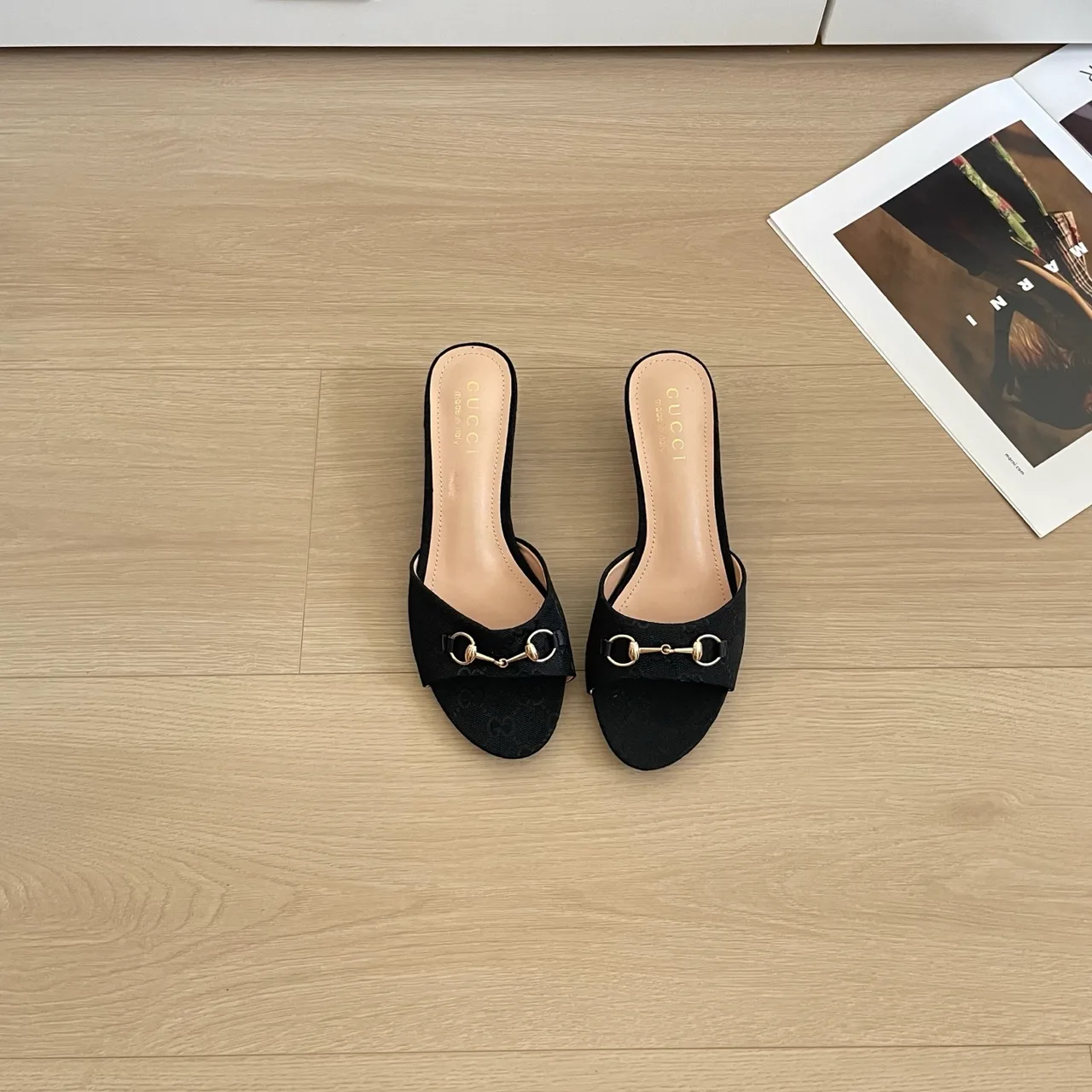 Gucci Canvas Glossy Suede-Look Square-Toe Buckle Mules in Black · view 1