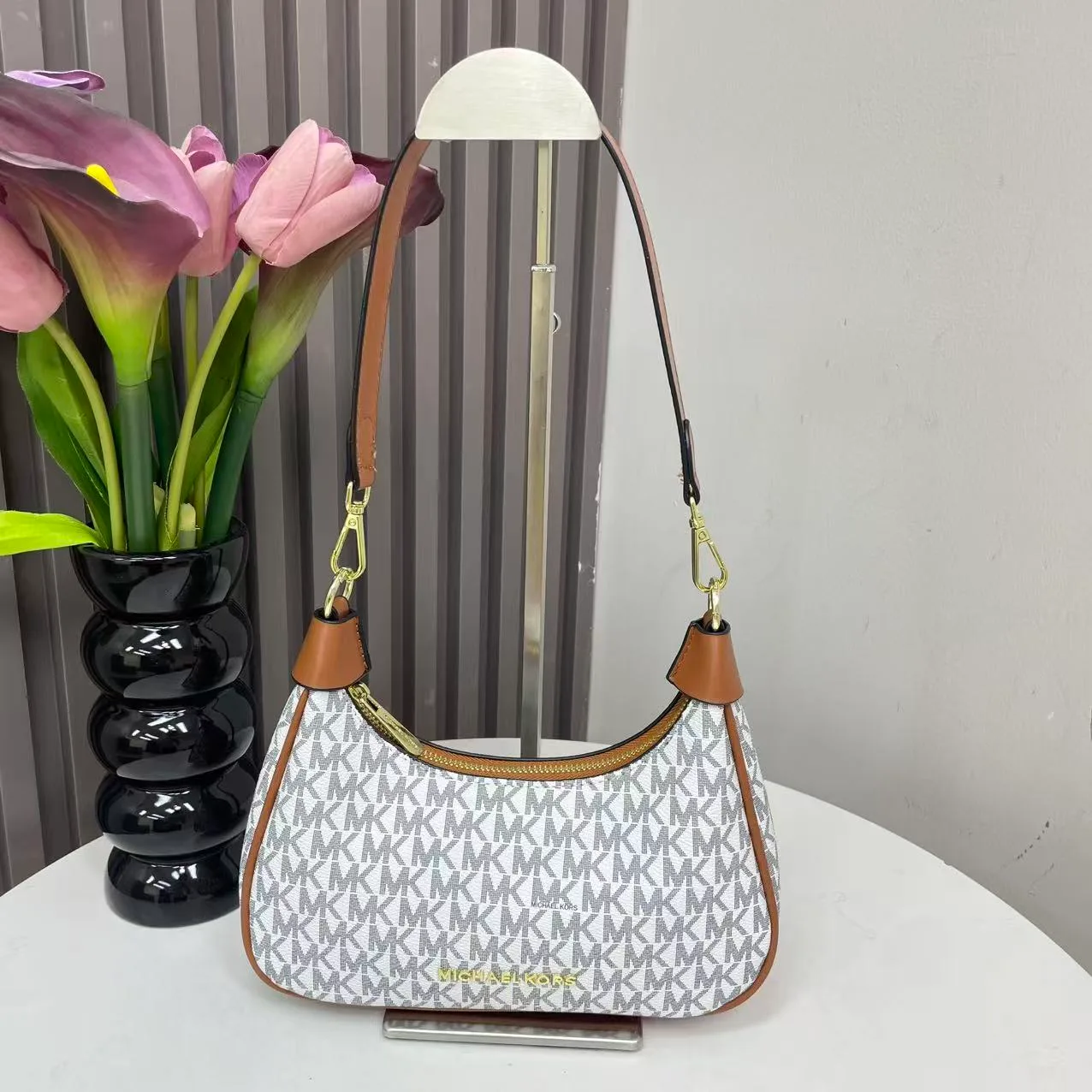Michael Kors MK Crescent Shoulder Bag in Grey & Brown & White & Beige · view 3