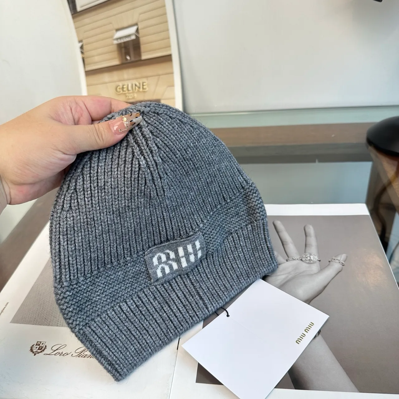 Miu Miu Ribbed Beanie in Grey · view 6
