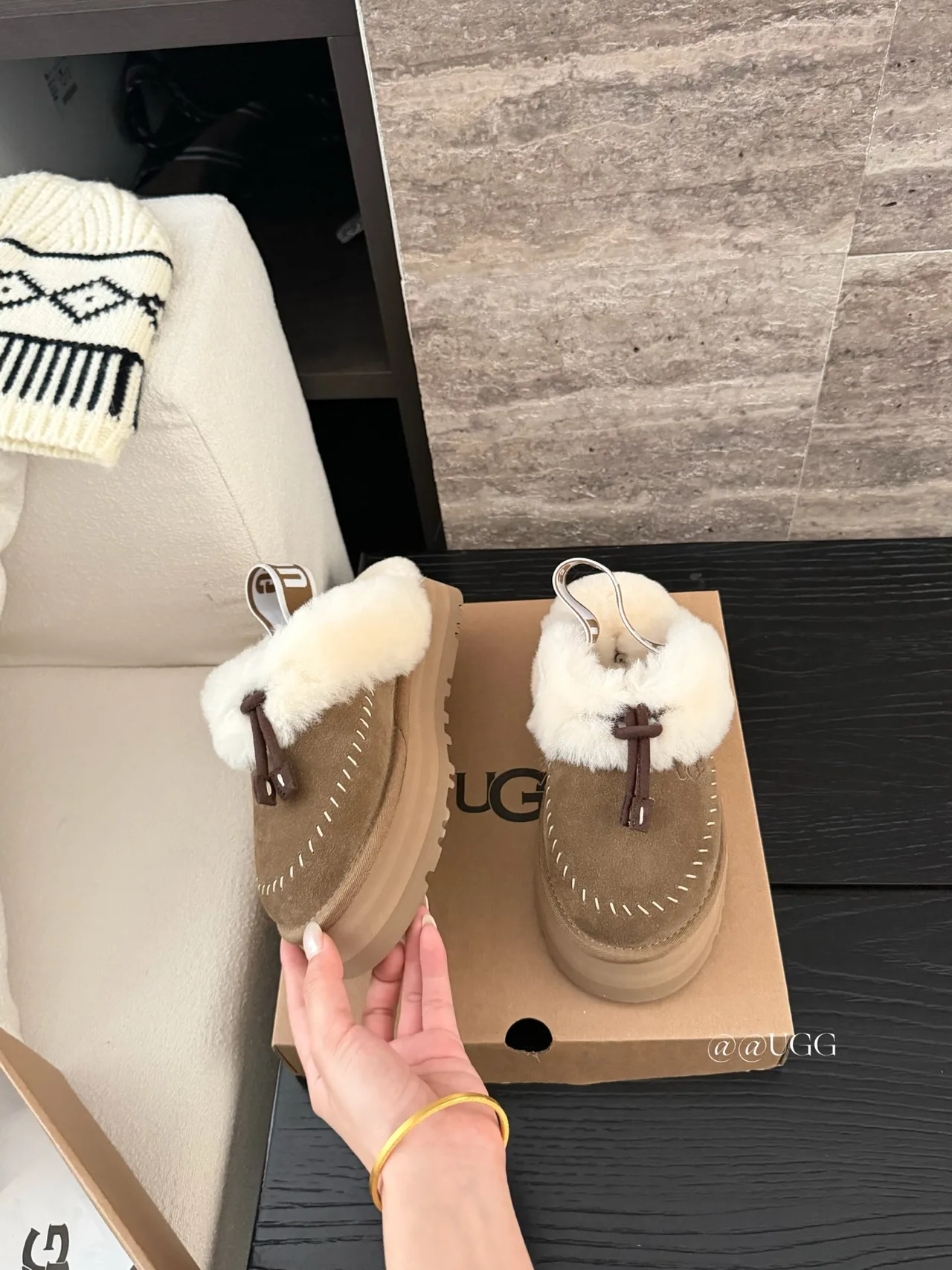 UGG Cowhide Wool Suede-Look Tassel Slippers in Brown · view 5