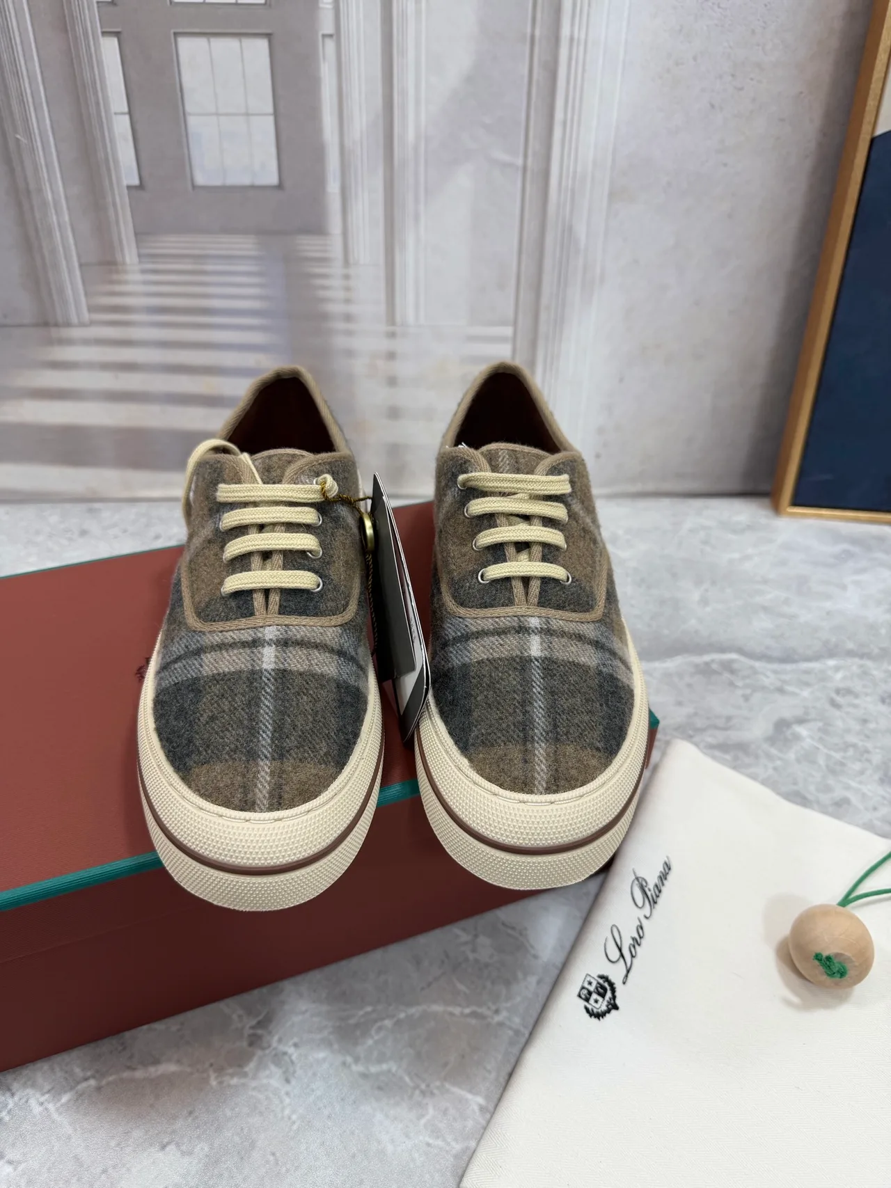 Loro Piana Check Wool-Effect Lace-Up Sneakers in Grey · view 6