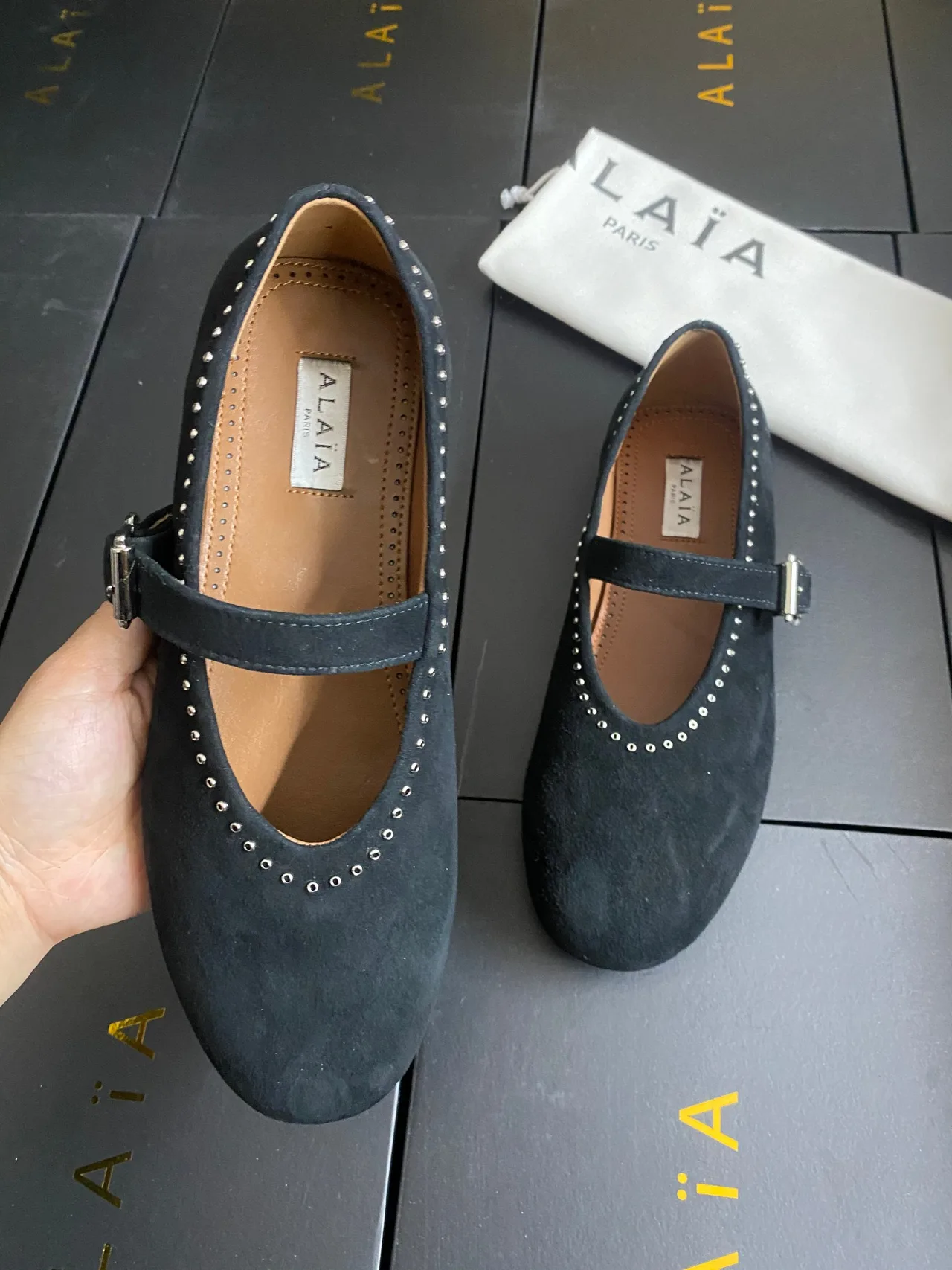 Alaia Cowhide Sheepskin Suede-Look Buckle Ballet Flats in Black · view 5