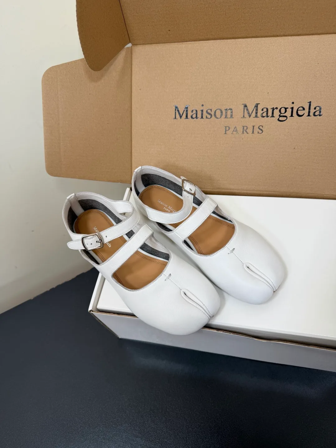 Maison Margiela Sheepskin Smooth Square-Toe Tabi Mary Jane Flats in White · view 2