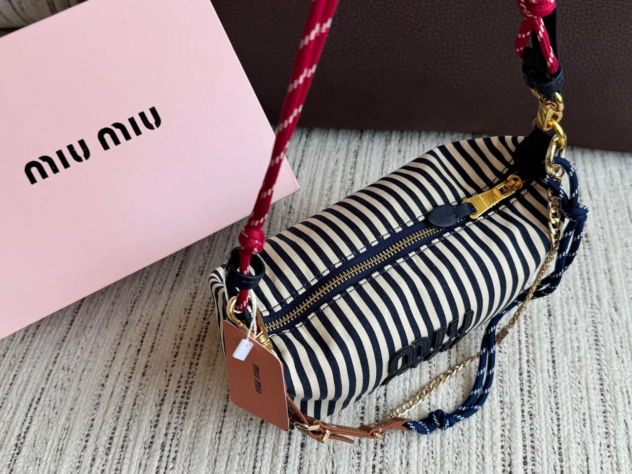 Miu Miu Striped Glossy Hobo Bag in Blue · view 5