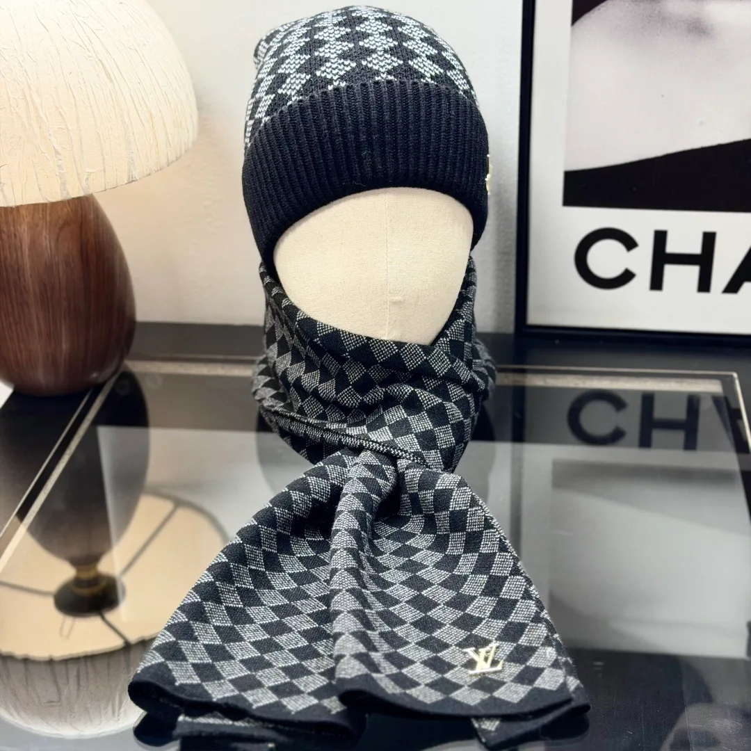 Louis Vuitton Wool Check Hat Scarf and Gloves Set in Grey · view 2