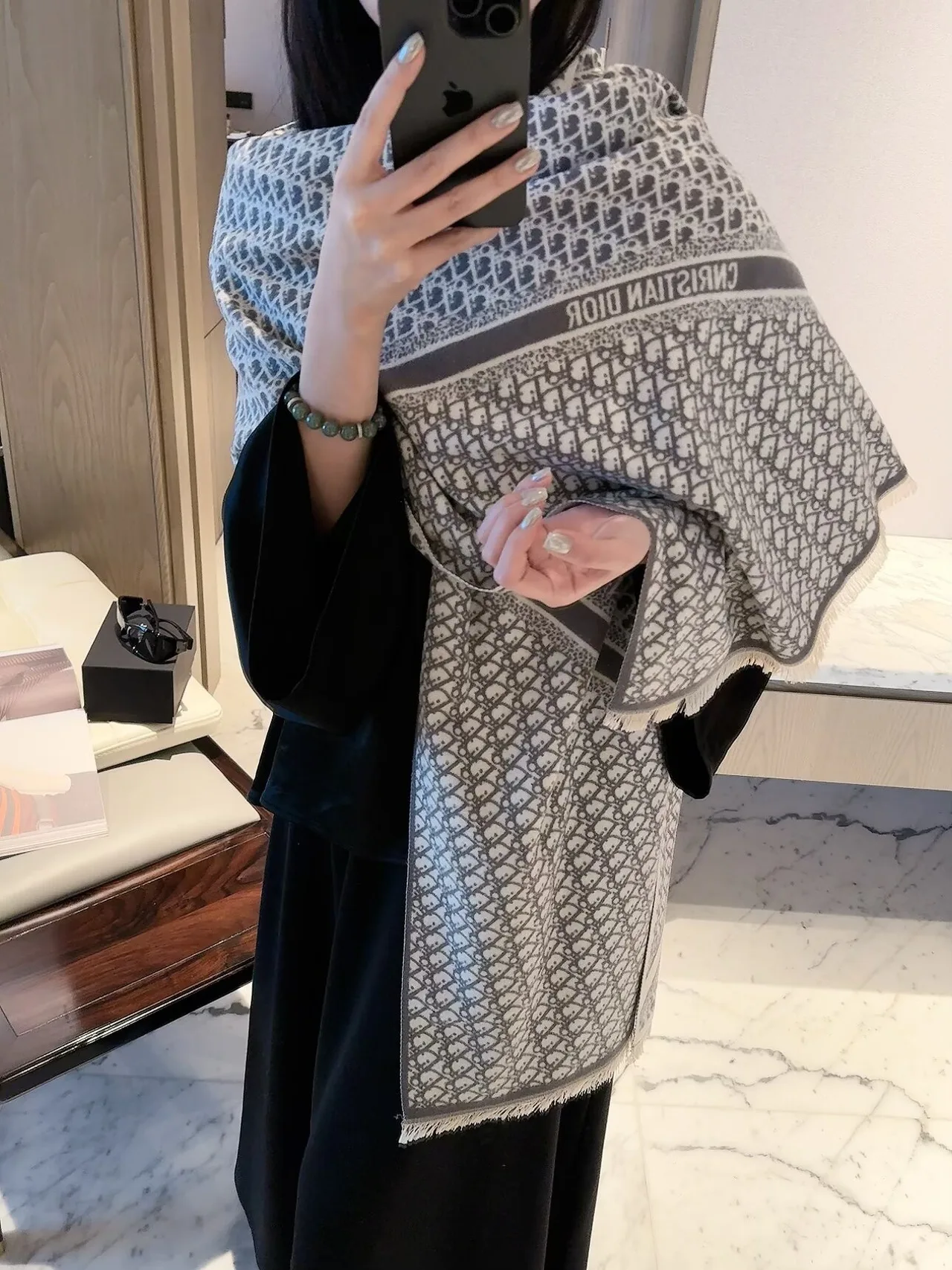 Dior Patterned Scarf in Blue & Grey & Pink · view 6
