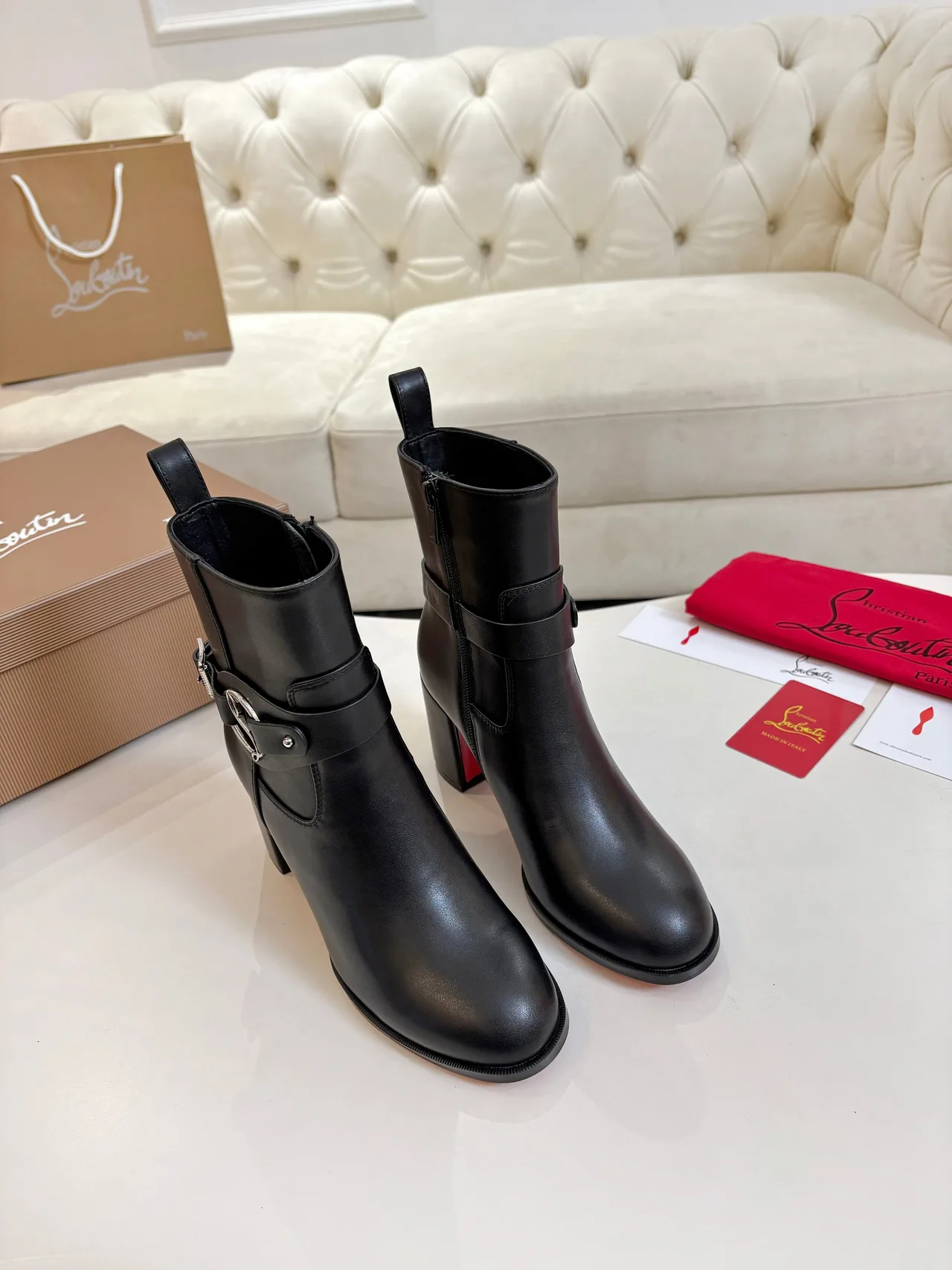 Christian Louboutin Calfskin Glossy Buckle Ankle Boots in Black · view 6