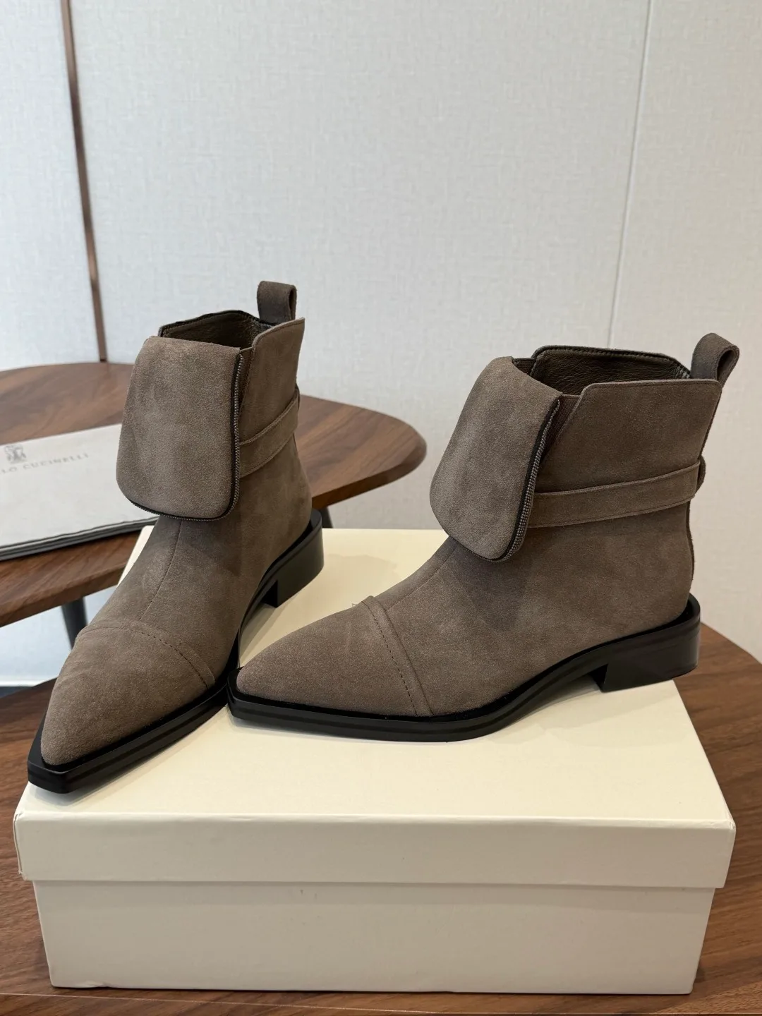 Brunello Cucinelli Glossy Suede-Look Pointed-Toe Ankle Boots in Grey · view 4