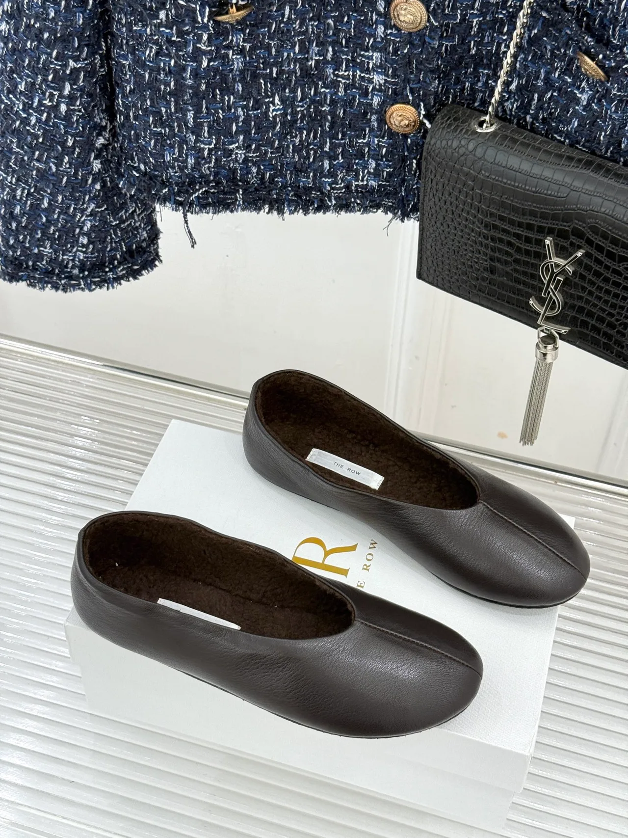 The Row Glossy Round-Toe Slippers in Brown · view 3