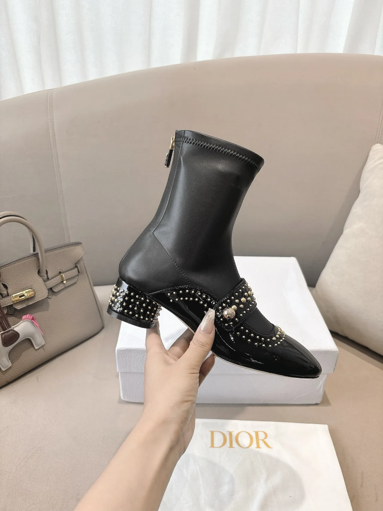 Dior Sheepskin Patent Leather Glossy Square-Toe Ankle Boots in Black · view 6