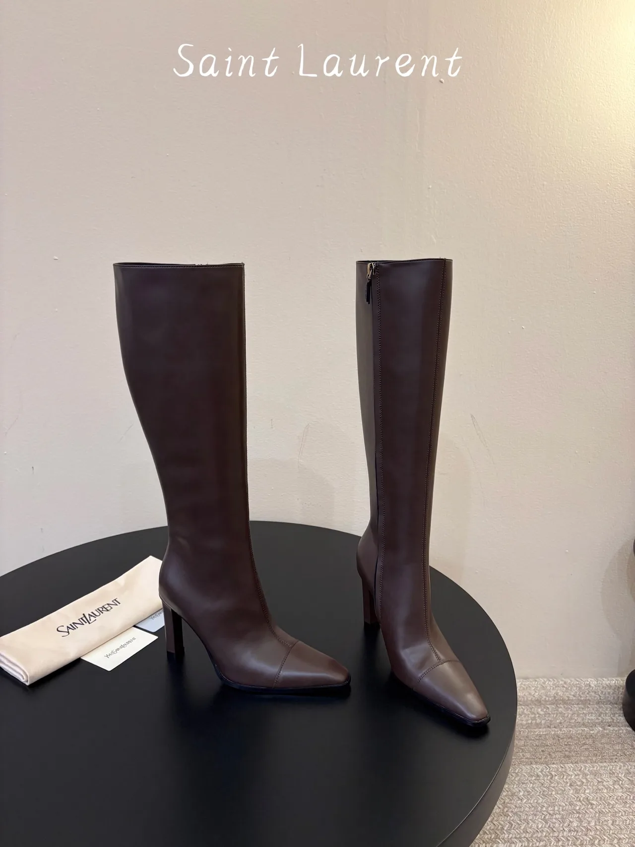 Saint Laurent Cowhide Sheepskin Glossy Pointed-Toe Knee-High Boots in Brown · view 4