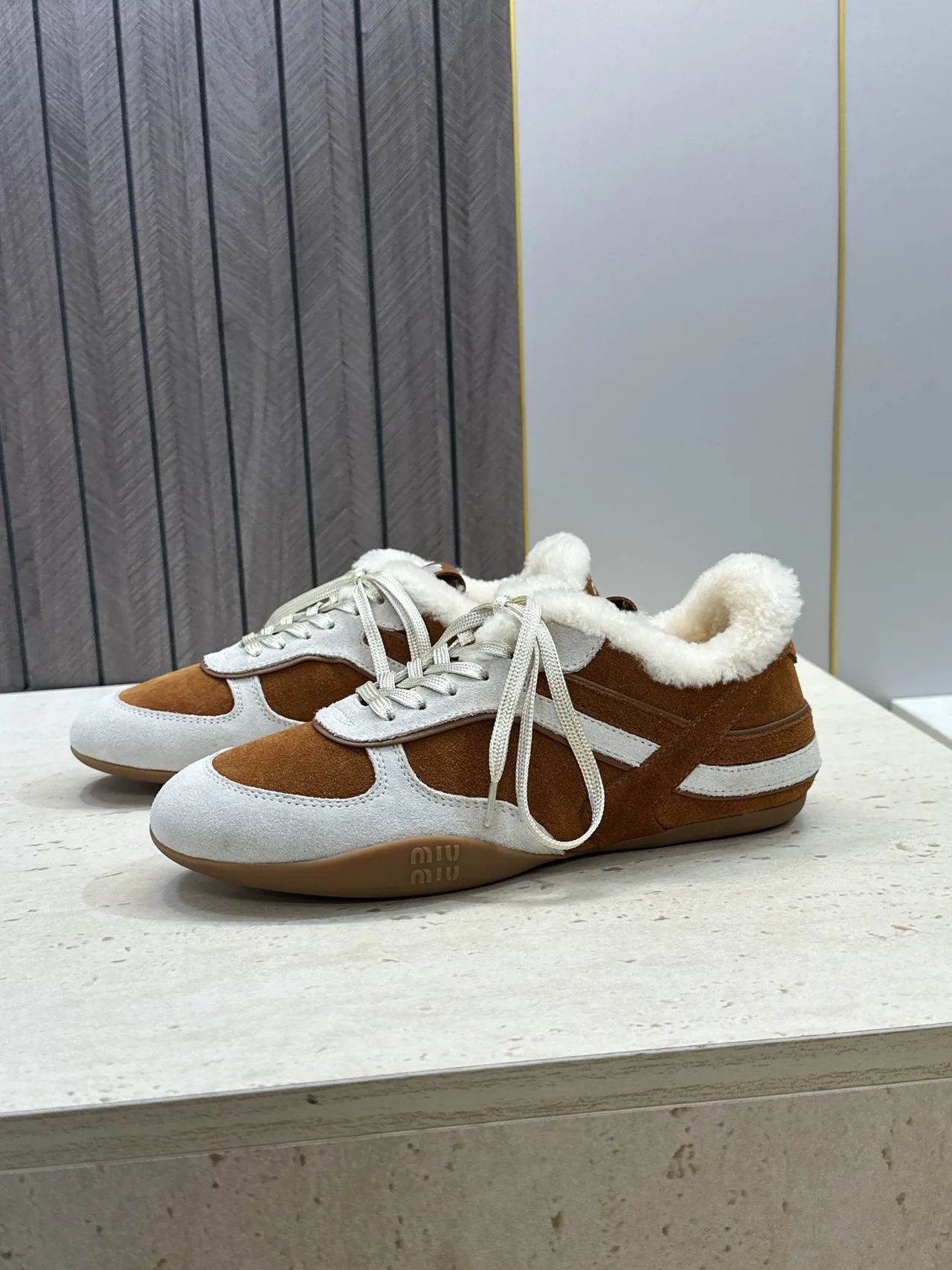 Miu Miu Striped Suede-Look Round-Toe Sneakers in Brown · view 5