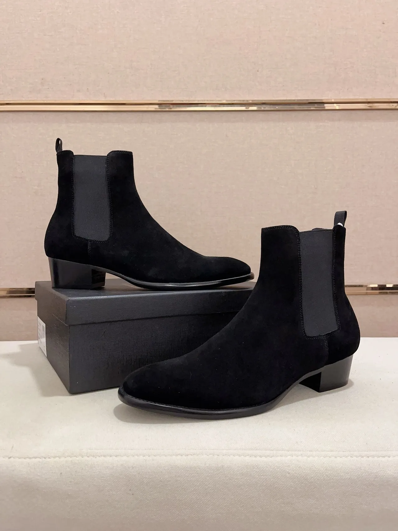 Saint Laurent Cowhide Suede-Look Pointed-Toe Chelsea Boots in Black · view 3