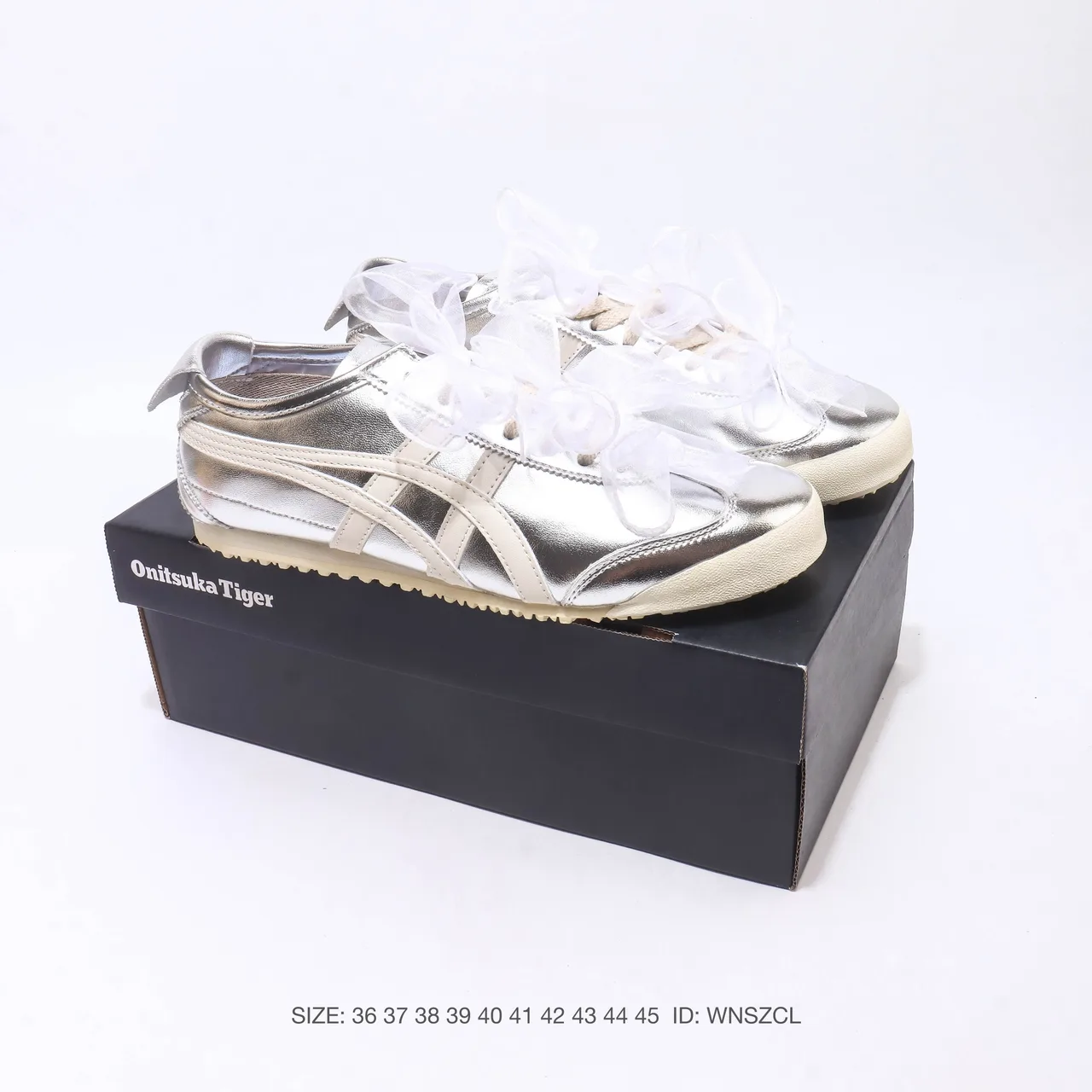 Onitsuka Tiger Mexico 66 Ribbon-Lace Sneakers in White & Silver · view 4
