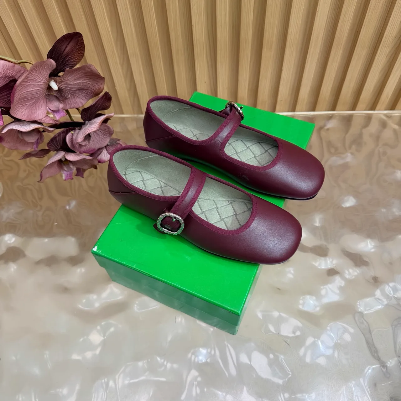 Bottega Veneta Sheepskin Quilted Glossy Buckle Mary Jane Flats in Burgundy · view 2
