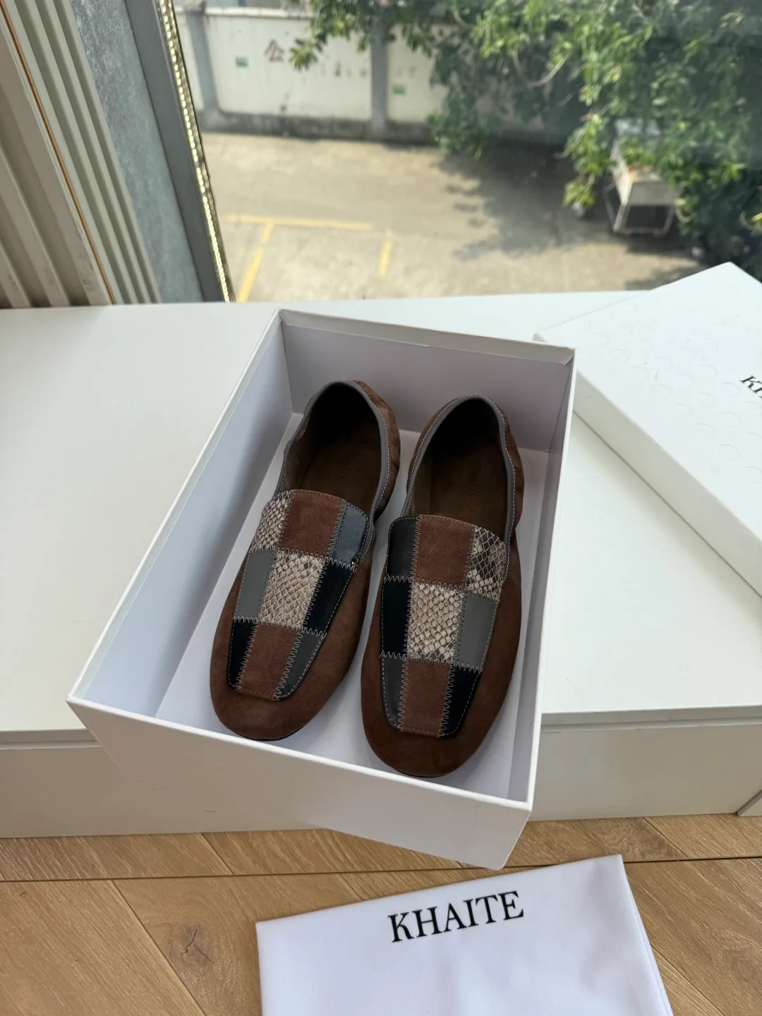 Khaite Sheepskin Check Suede-Look Loafers in Brown · view 1