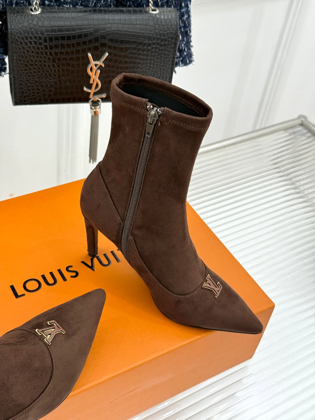 Louis Vuitton Denim Suede-Look Pointed-Toe Pumps in Brown · view 6