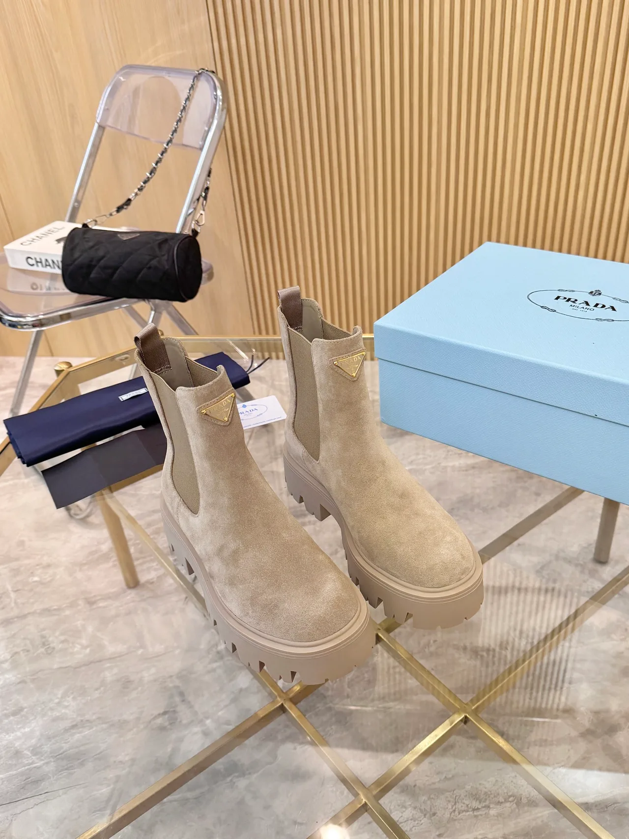 Prada Suede-Look Ankle Boots in Beige · view 3