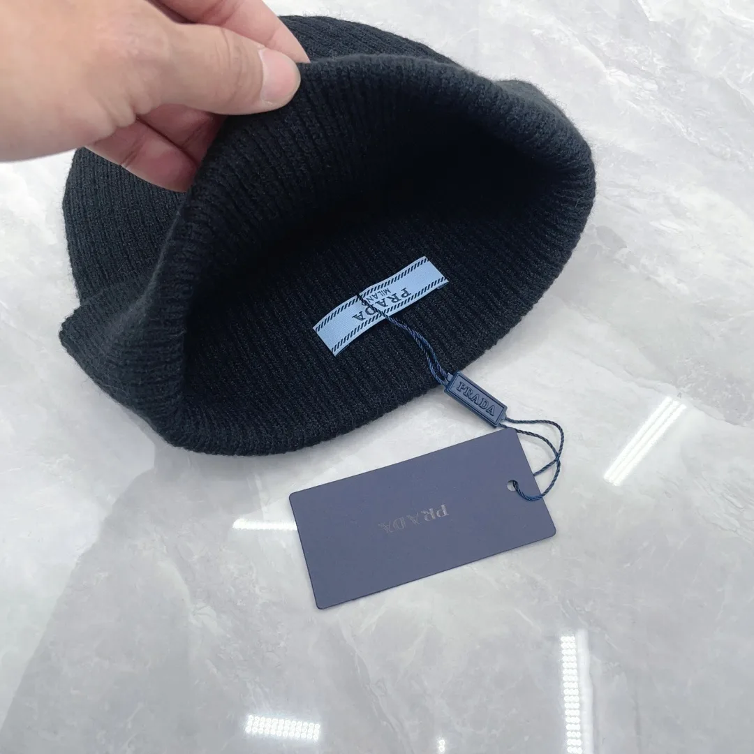Prada Wool Ribbed Embroidered Hat Scarf and Gloves Set in Black · view 6