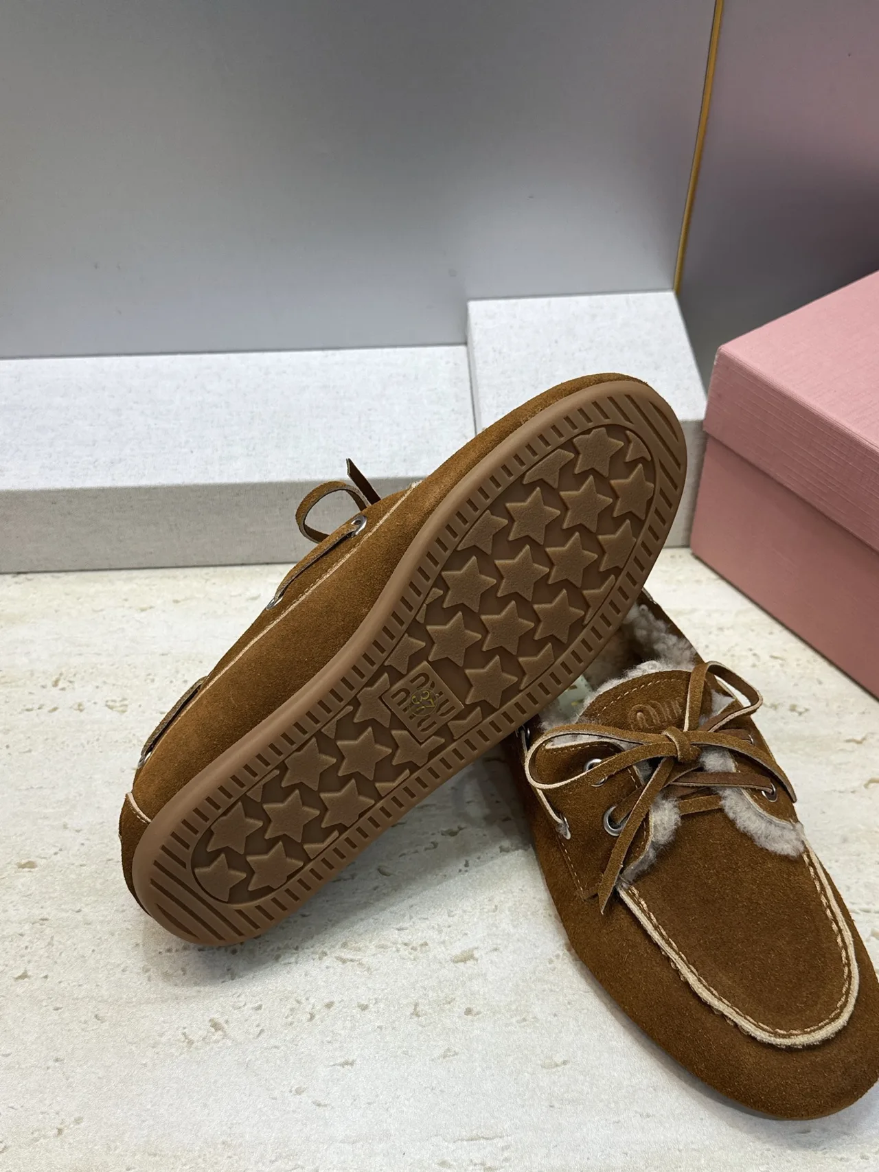 Miu Miu Calfskin Suede-Look Lined Moccasins in Brown · view 8