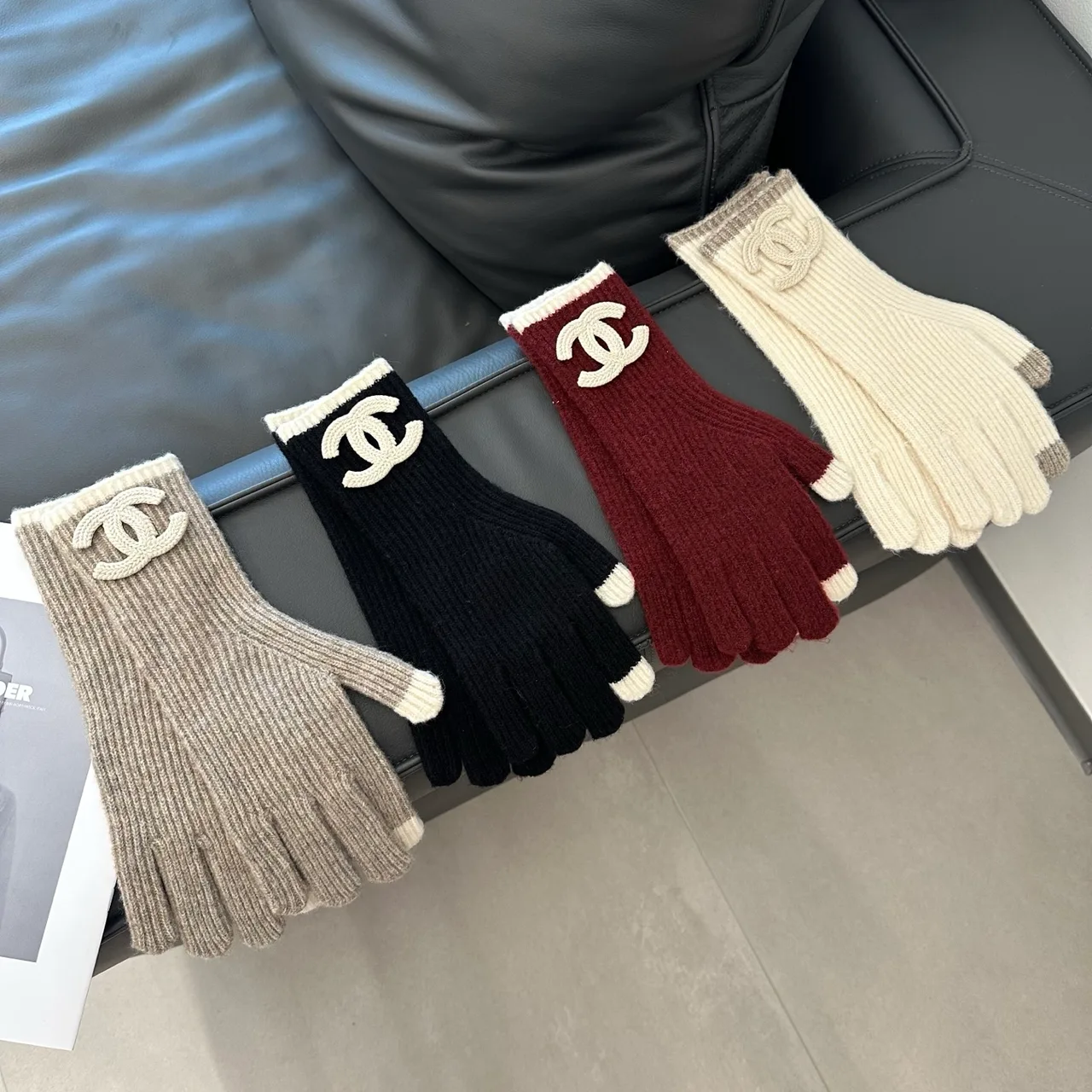 Chanel Hat scarf and gloves knit set in Burgundy & Cream & Black & Beige · view 6