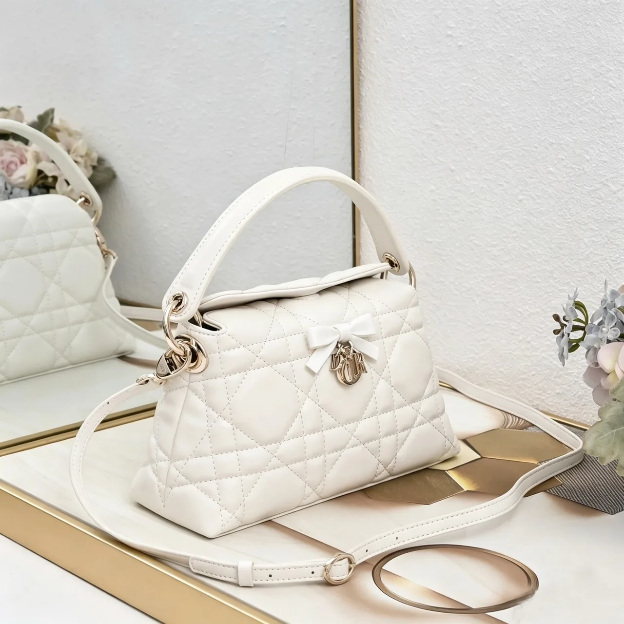 Dior Sheepskin Quilted Top-Handle Bag in White · view 2