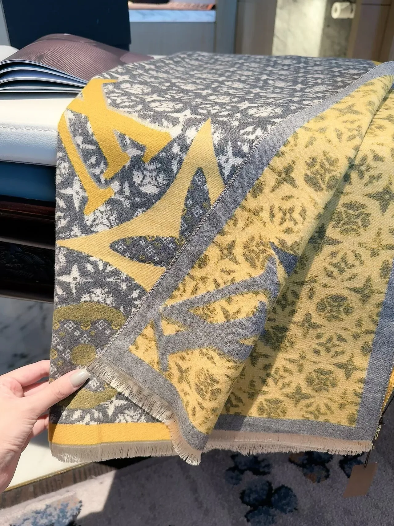 Louis Vuitton Monogram Jacquard Scarf in Grey & Brown · view 7