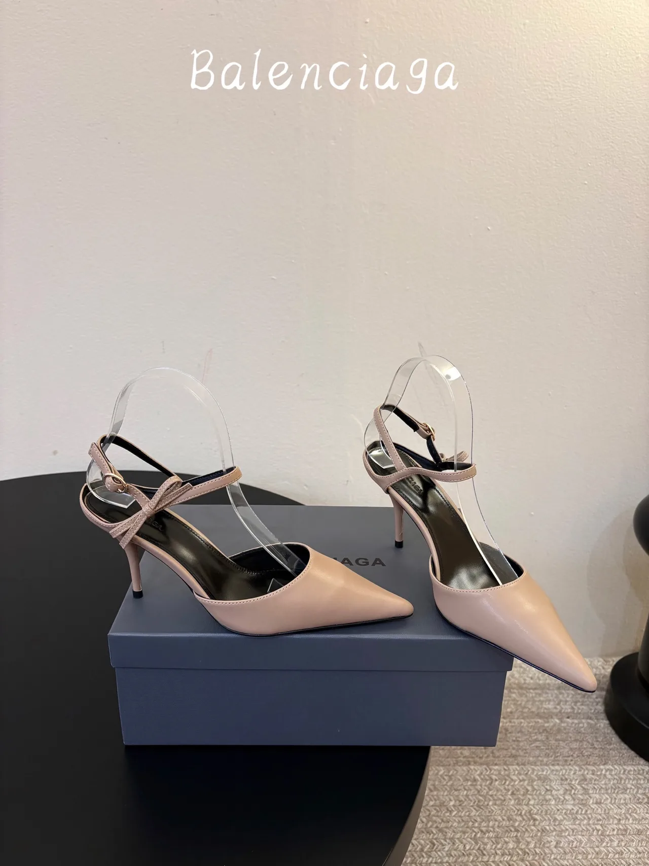 Balenciaga Glossy Pointed-Toe Ankle Strap Pumps in Beige · view 4