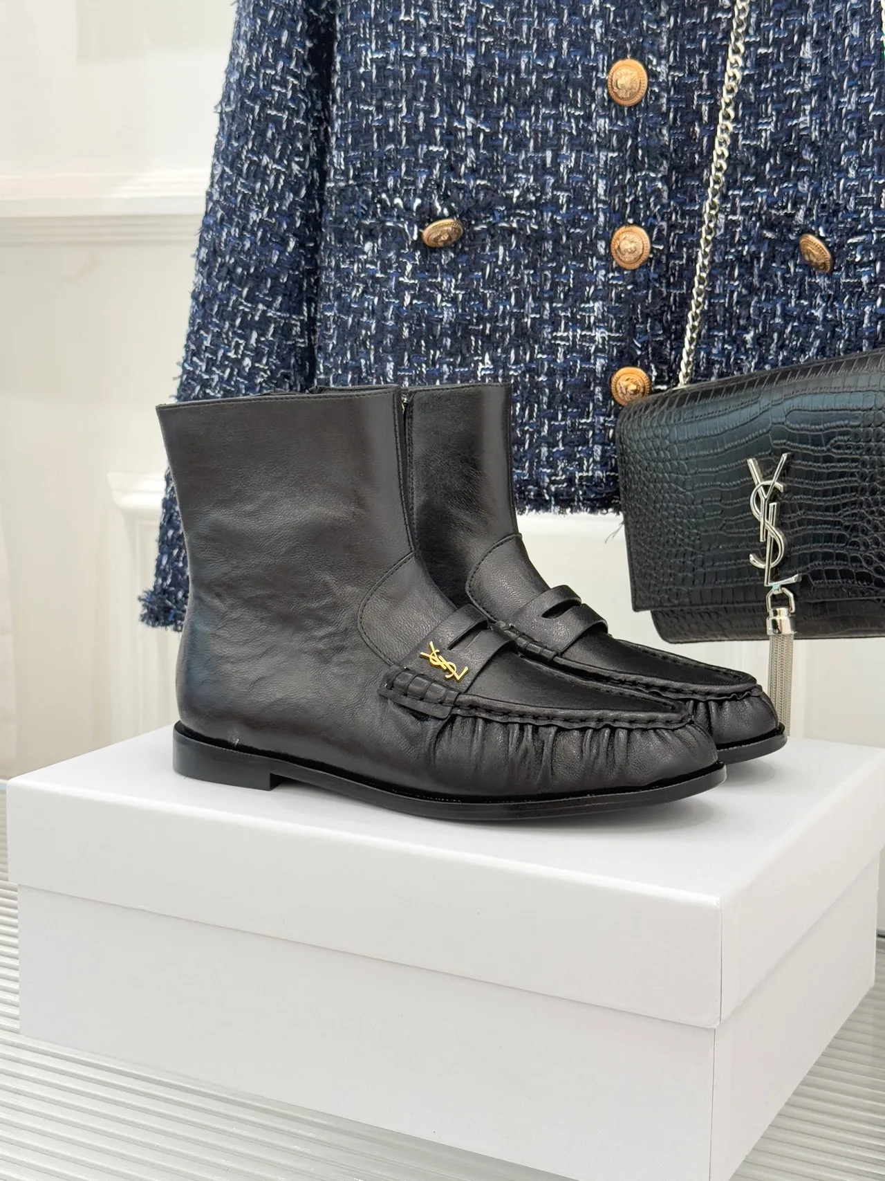 Saint Laurent Glossy Round-Toe Loafer Ankle Boots in Black · view 1