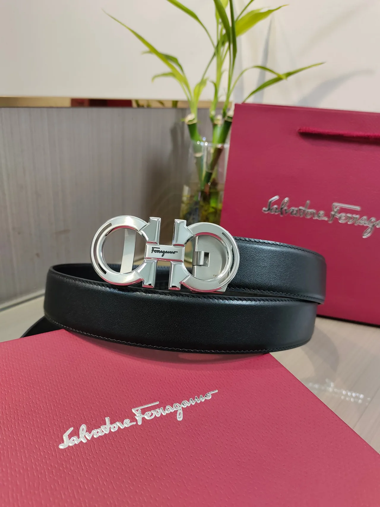 Ferragamo Calfskin Glossy Belt in Black · view 1