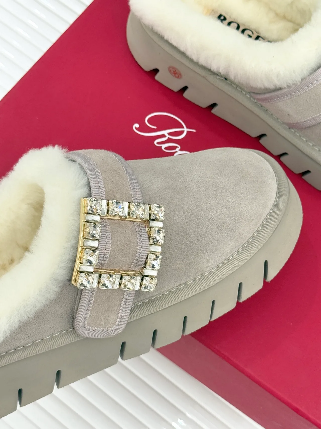 Roger Vivier Wool Buckle Fur-Lined Mules in Grey · view 7