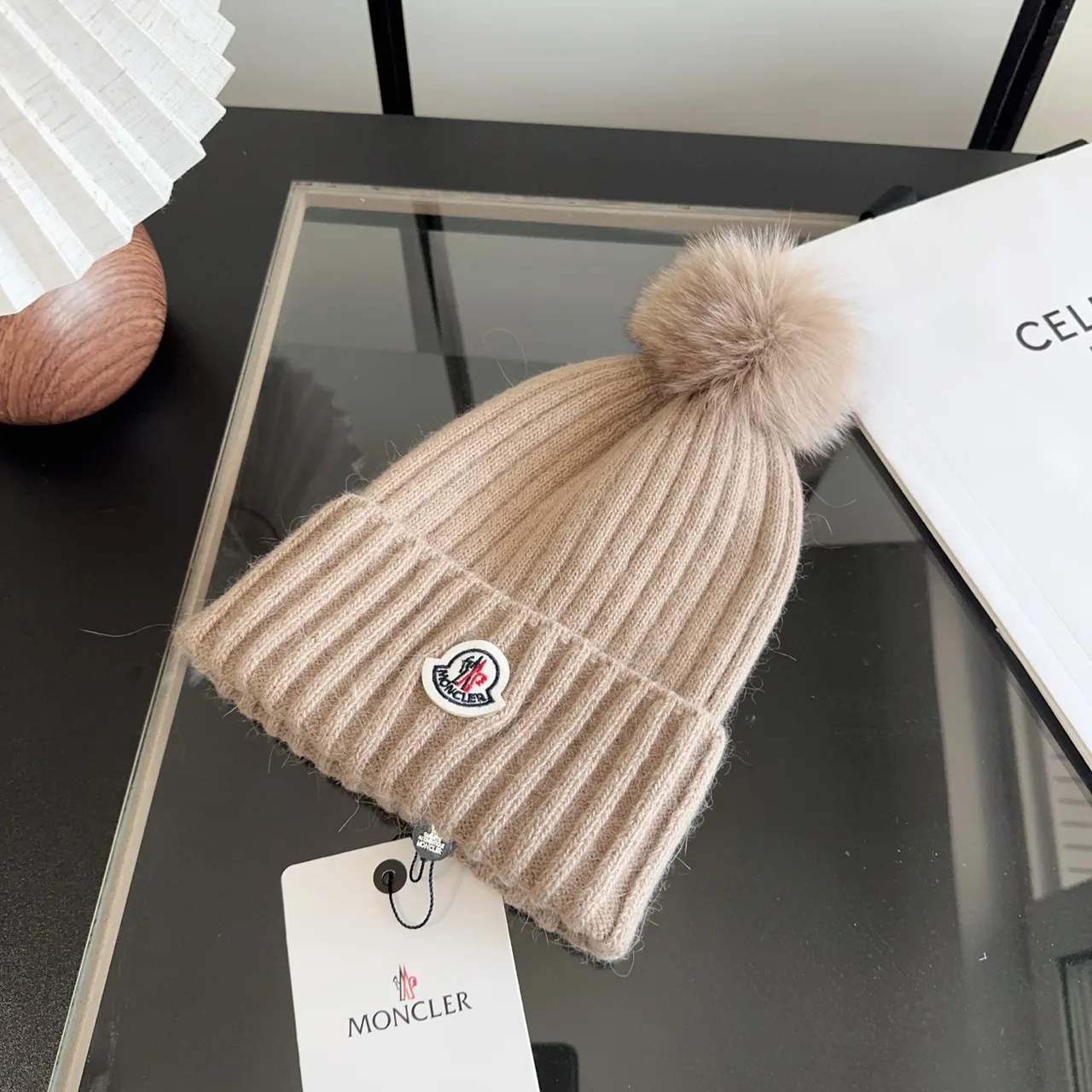 Moncler Ribbed Beanie in Beige · view 4