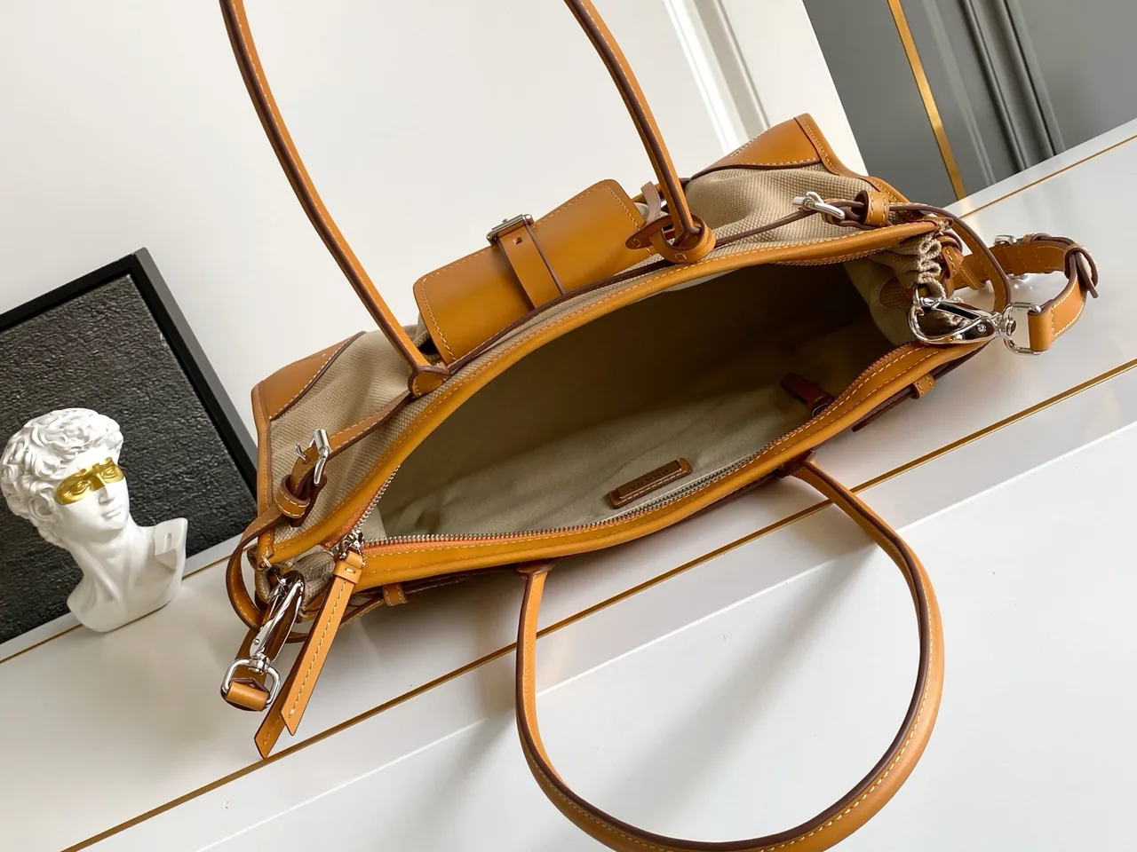 Prada Canvas Flap Shoulder Bag in Beige · view 8
