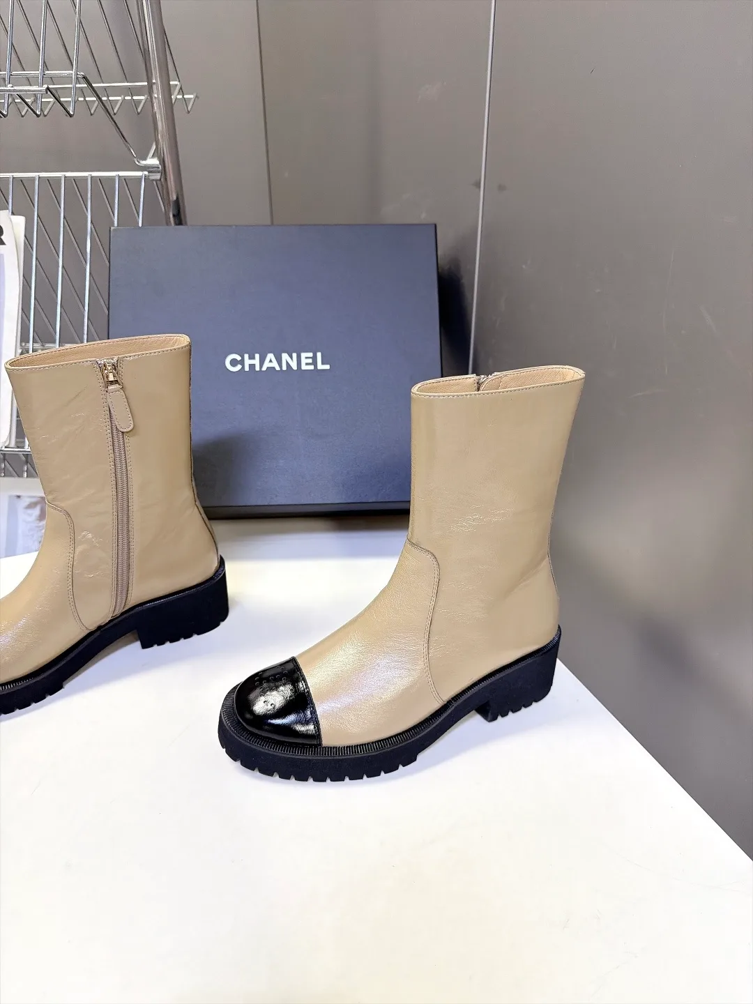 Chanel Cowhide Patent Leather Glossy Round-Toe Ankle Boots in Beige · view 3