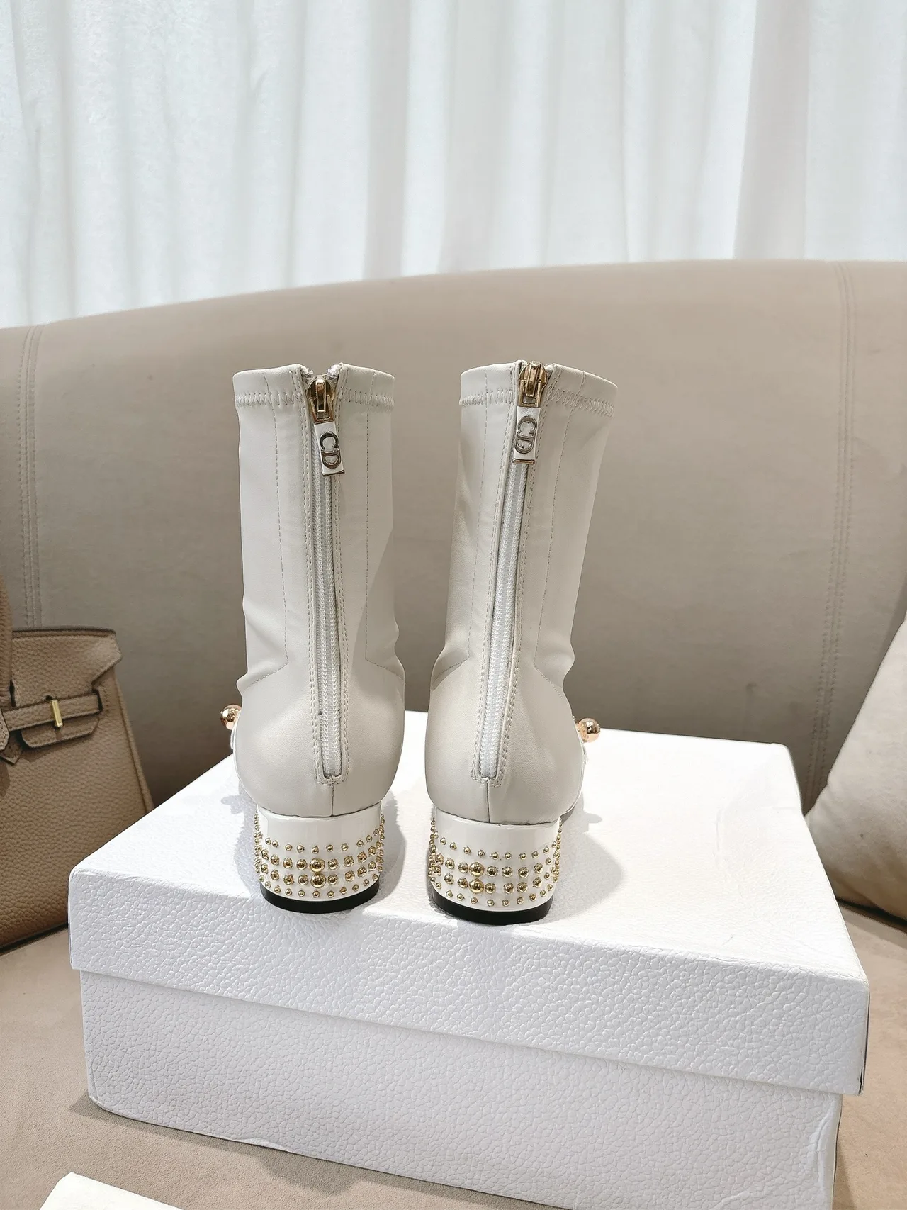 Dior Sheepskin Patent Leather Glossy Studded Ankle Boots in White · view 8