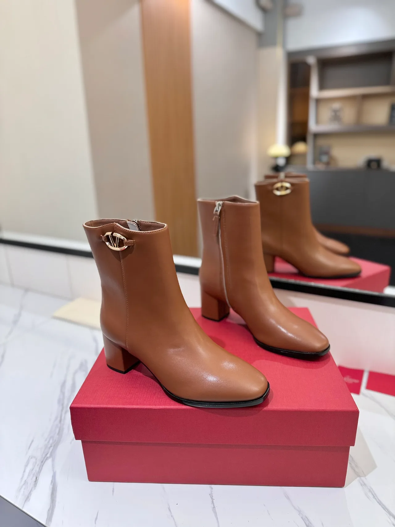 Valentino Calfskin Glossy Round-Toe Ankle Boots in Tan · view 1