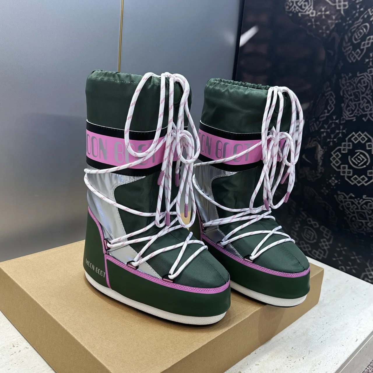 Moon Boot Lace-Up Snow Boots in Green · view 2