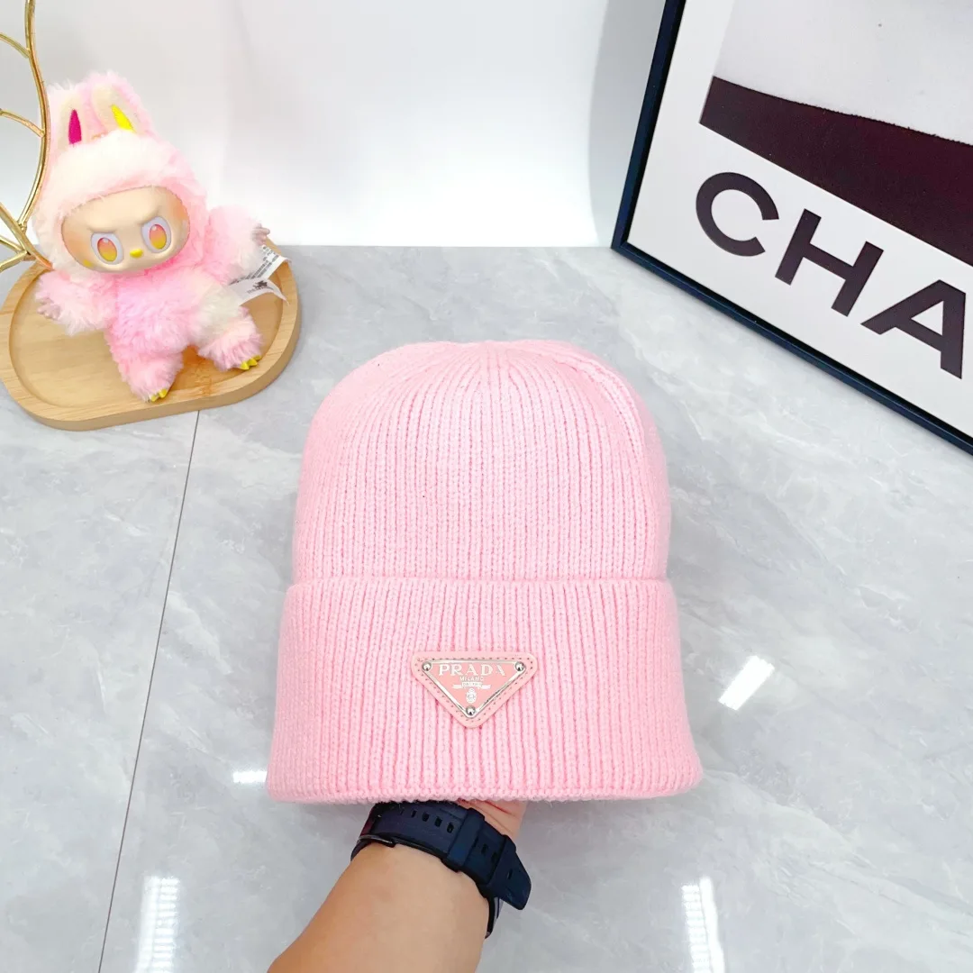 Prada Wool Triangle Logo Knit Beanie in Pink · view 1