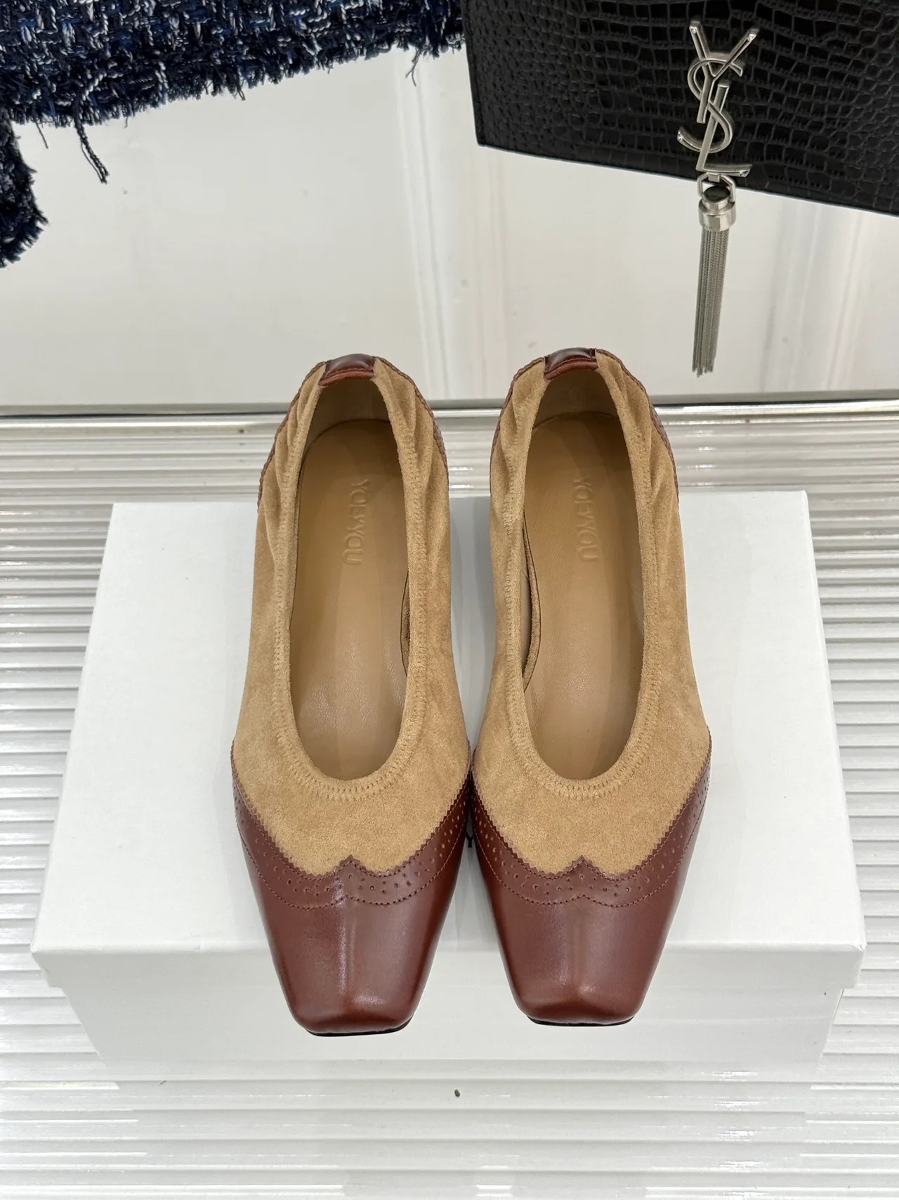 YOEYYOU Lambskin Denim Block-Heel Shoes in Beige · view 1