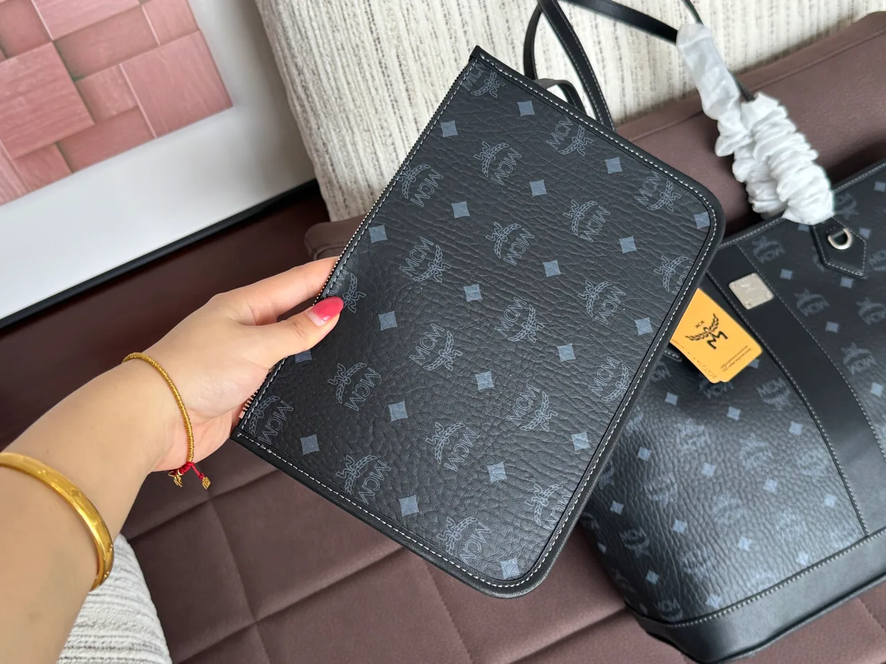 MCM Studded Monogram Twin-Handle Tote in Black · view 5